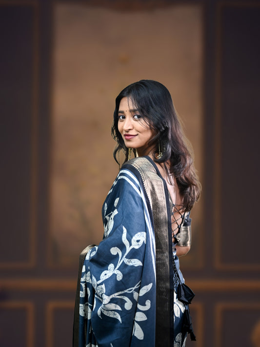 Royal Blue Sanskriti Saree with Free Ear rings