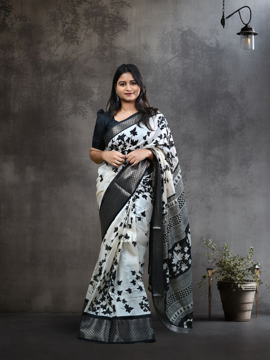Black and White leaves printes saree with free Ear rings