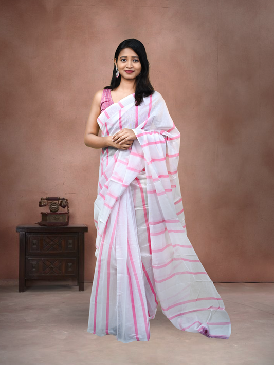Pink Stripes Cotton Linen Saree With Free Earrings