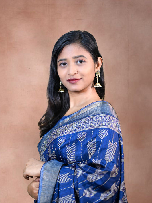 Blue Shiny Silk Blend Saree with Free Ear rings & Stiched Blouse