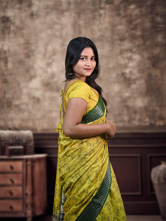 Lush Yellow Kolkata Silk Saree with Stiched Blouse