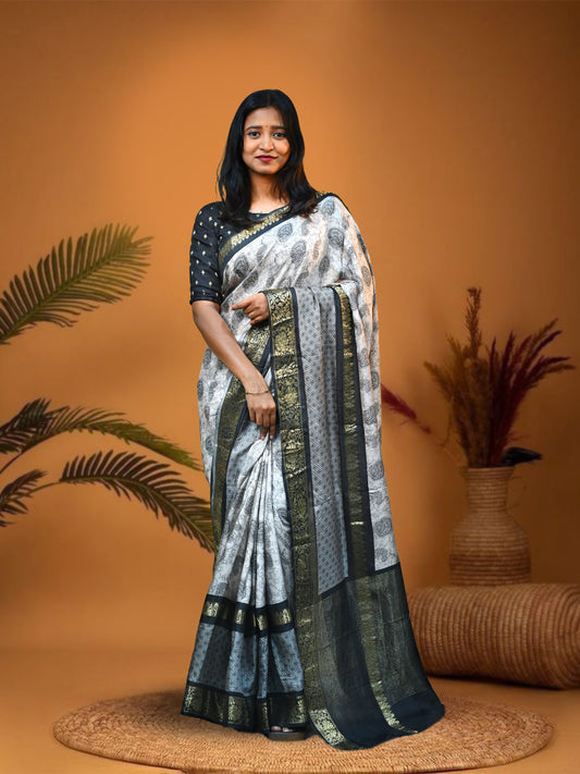 Off White Kolkata Silk Saree with Free Ear rings & Stiched Blouse