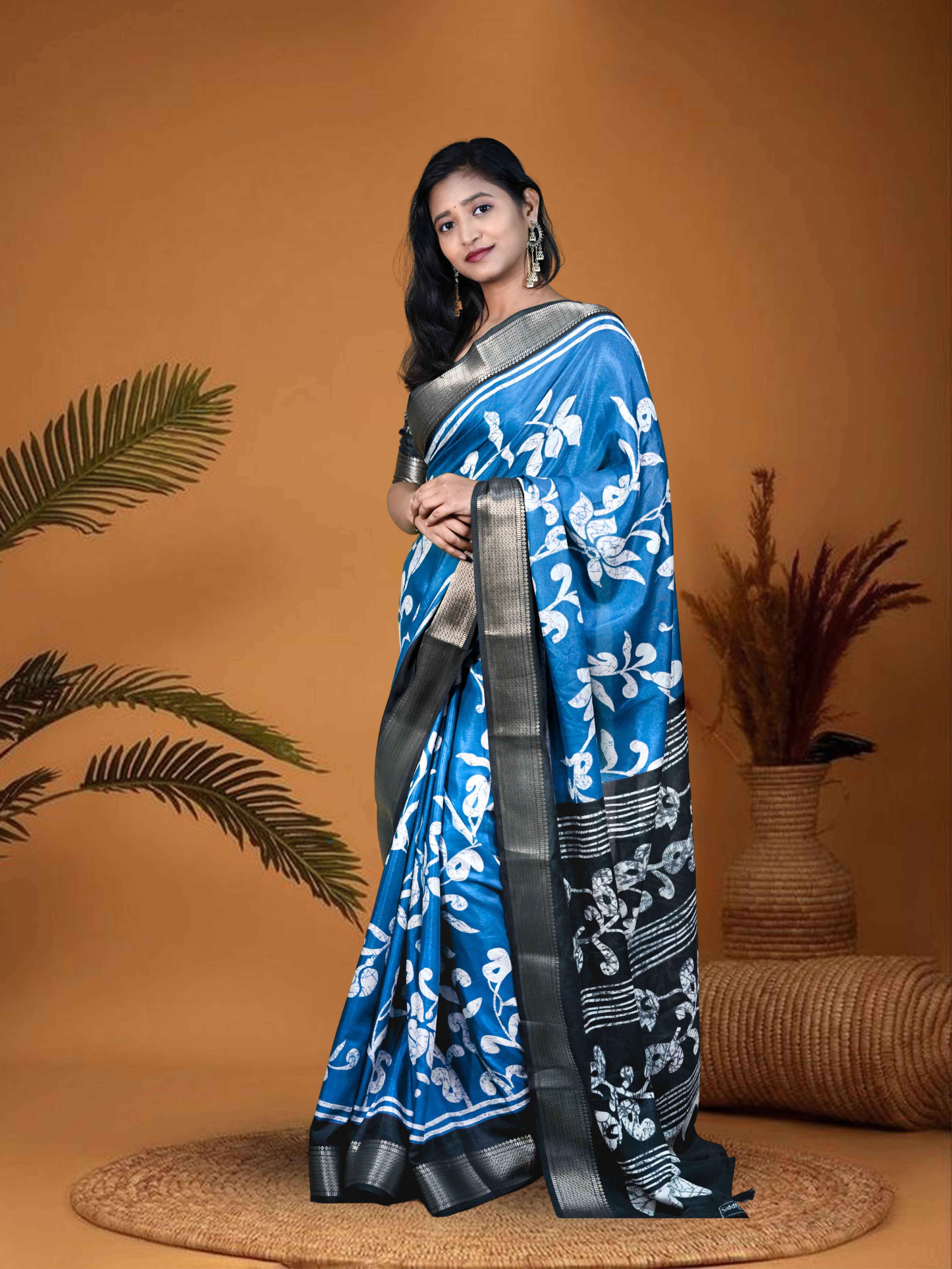 Ash Blue Sanskriti Saree with Free Ear rings