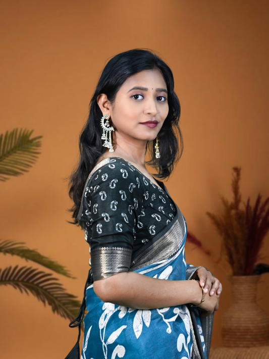 Ash Blue Sanskriti Saree with Free Ear rings