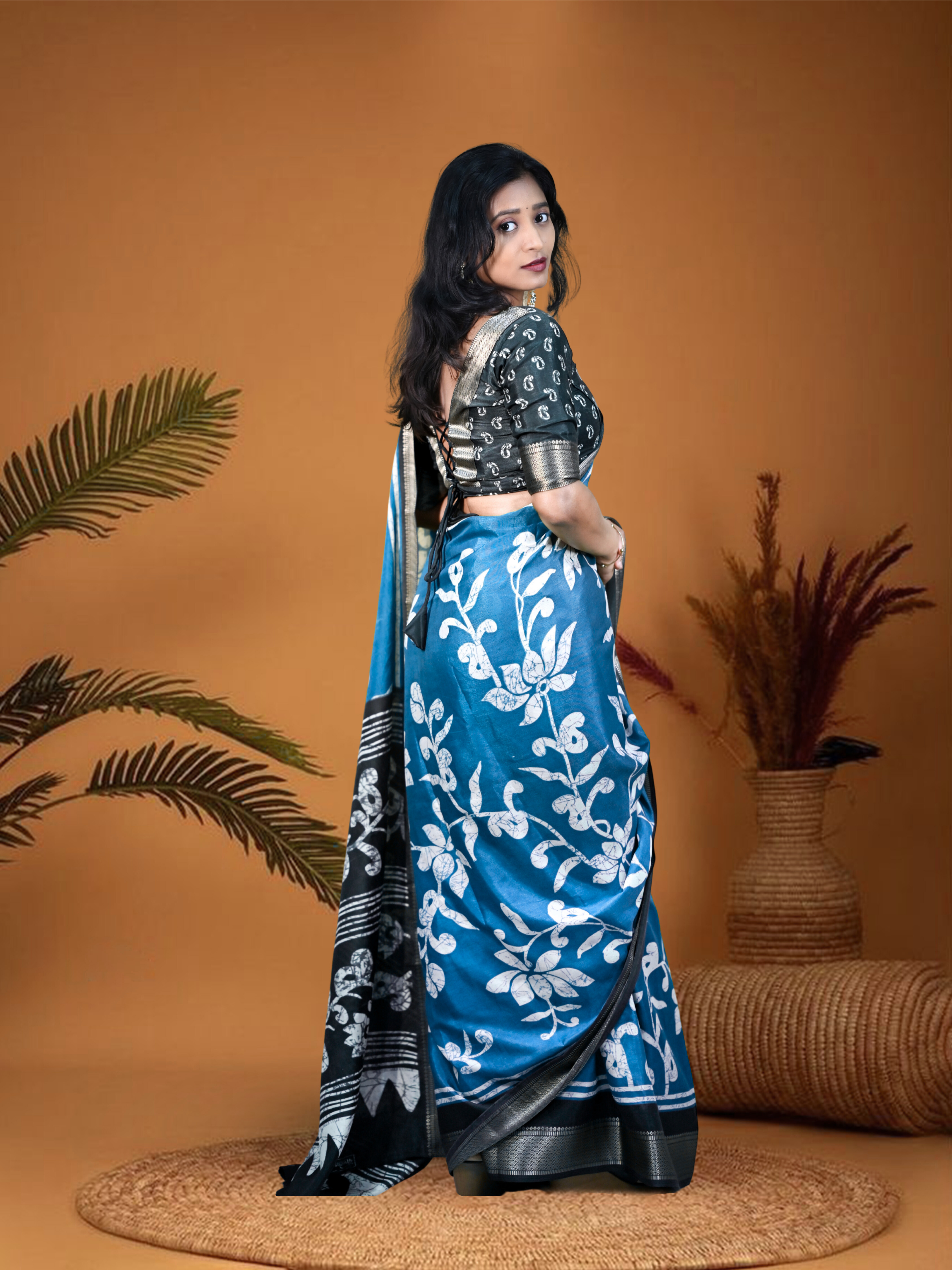 Ash Blue Sanskriti Saree with Free Ear rings