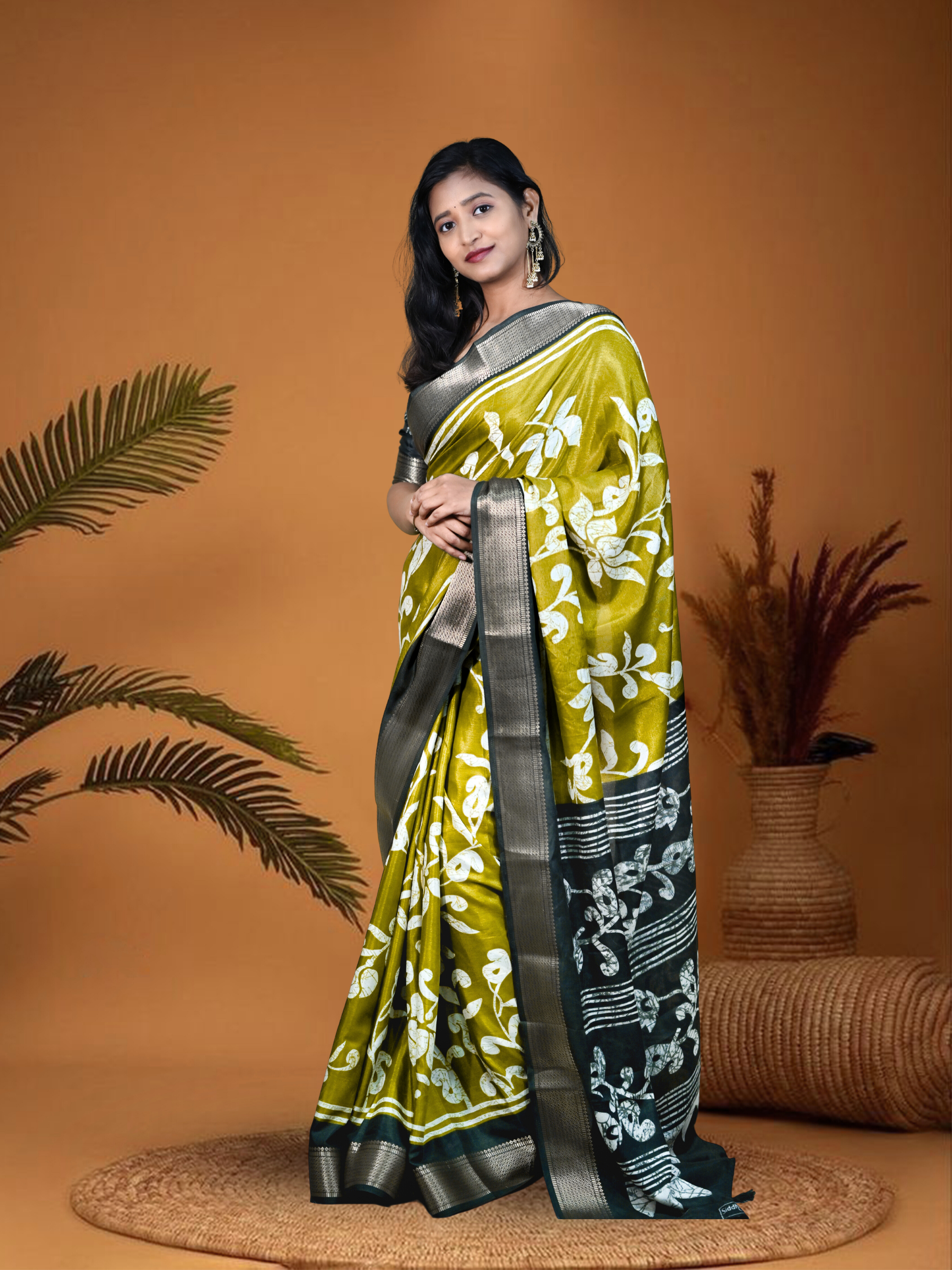Ash Yellow Sanskriti Saree with Free Ear rings