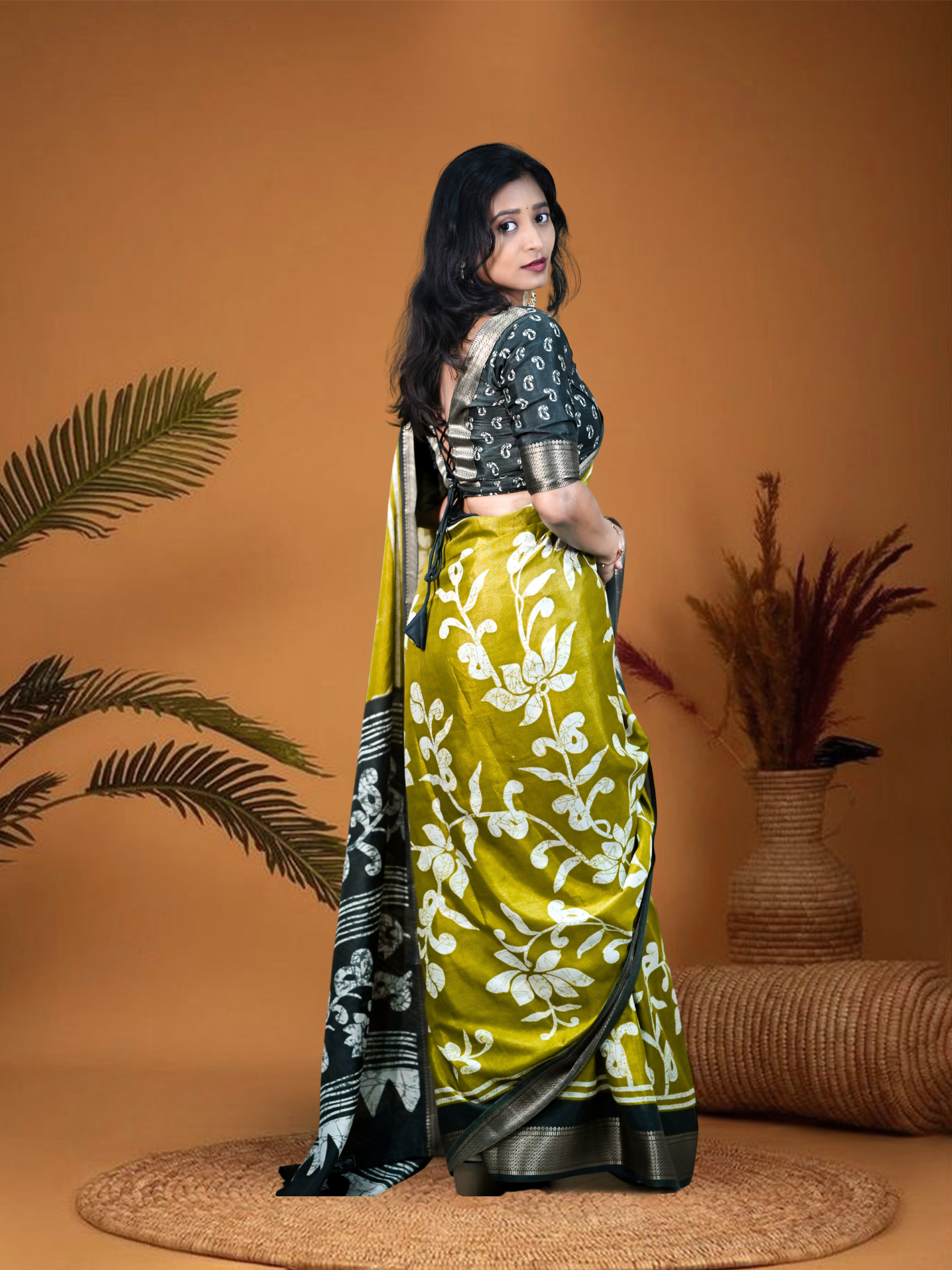 Ash Yellow Sanskriti Saree with Free Ear rings