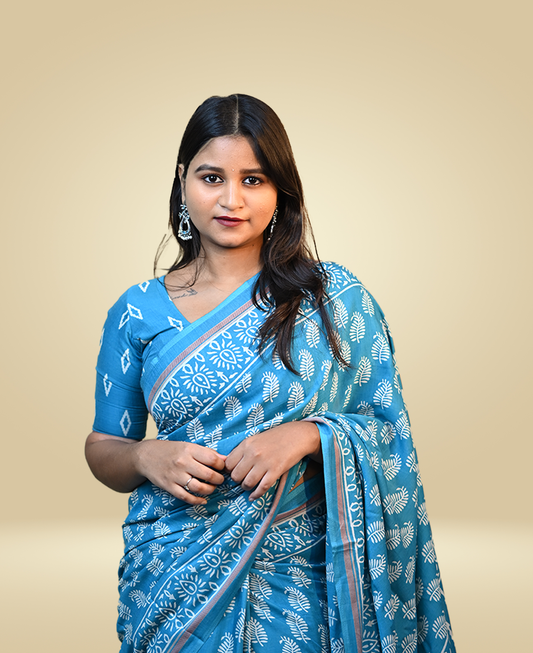 Soft Blue Crepe Saree With Free Earrings & Stiched Blouse