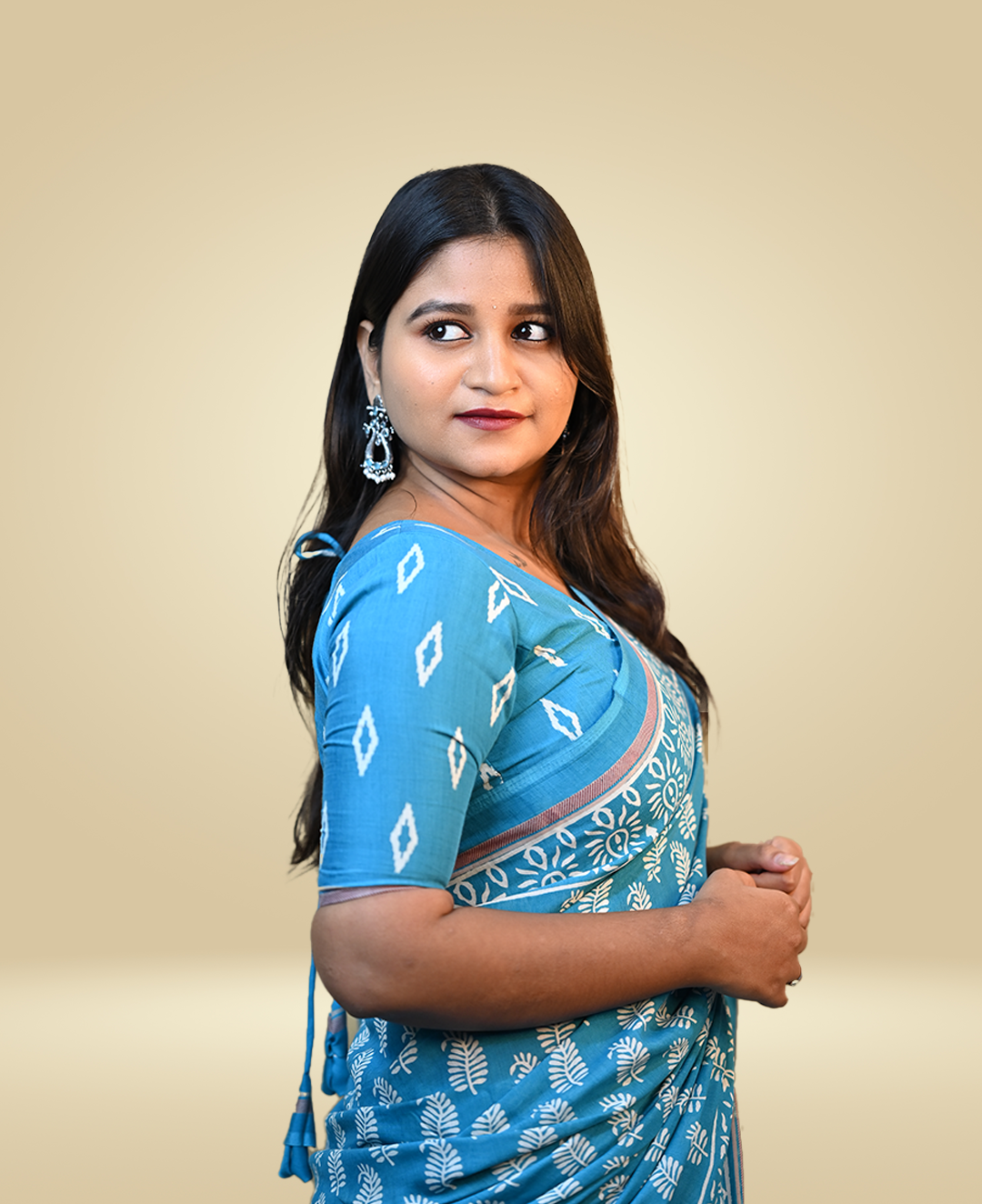 Soft Blue Crepe Saree With Free Earrings & Stiched Blouse