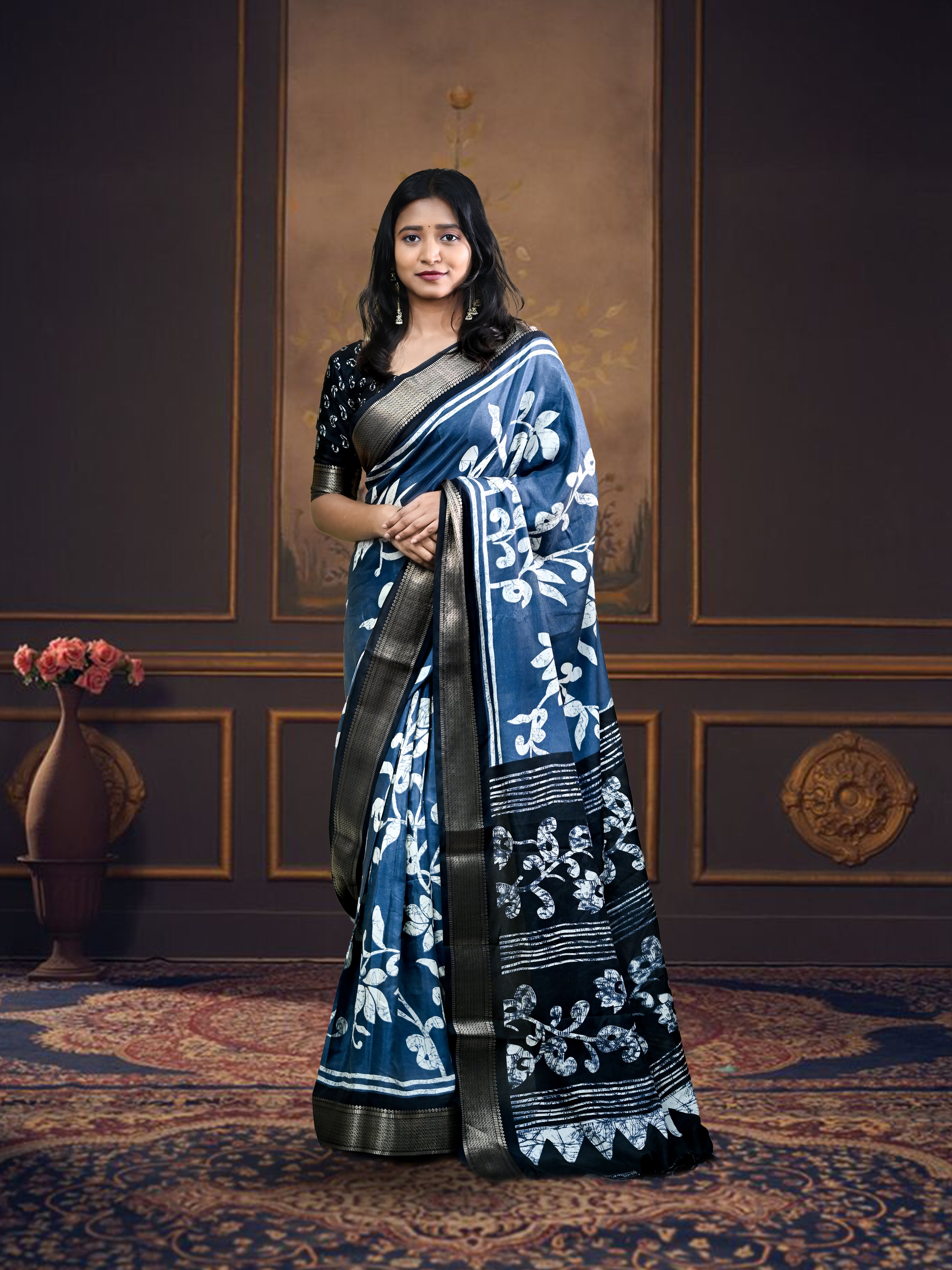 Royal Blue Sanskriti Saree with Free Ear rings