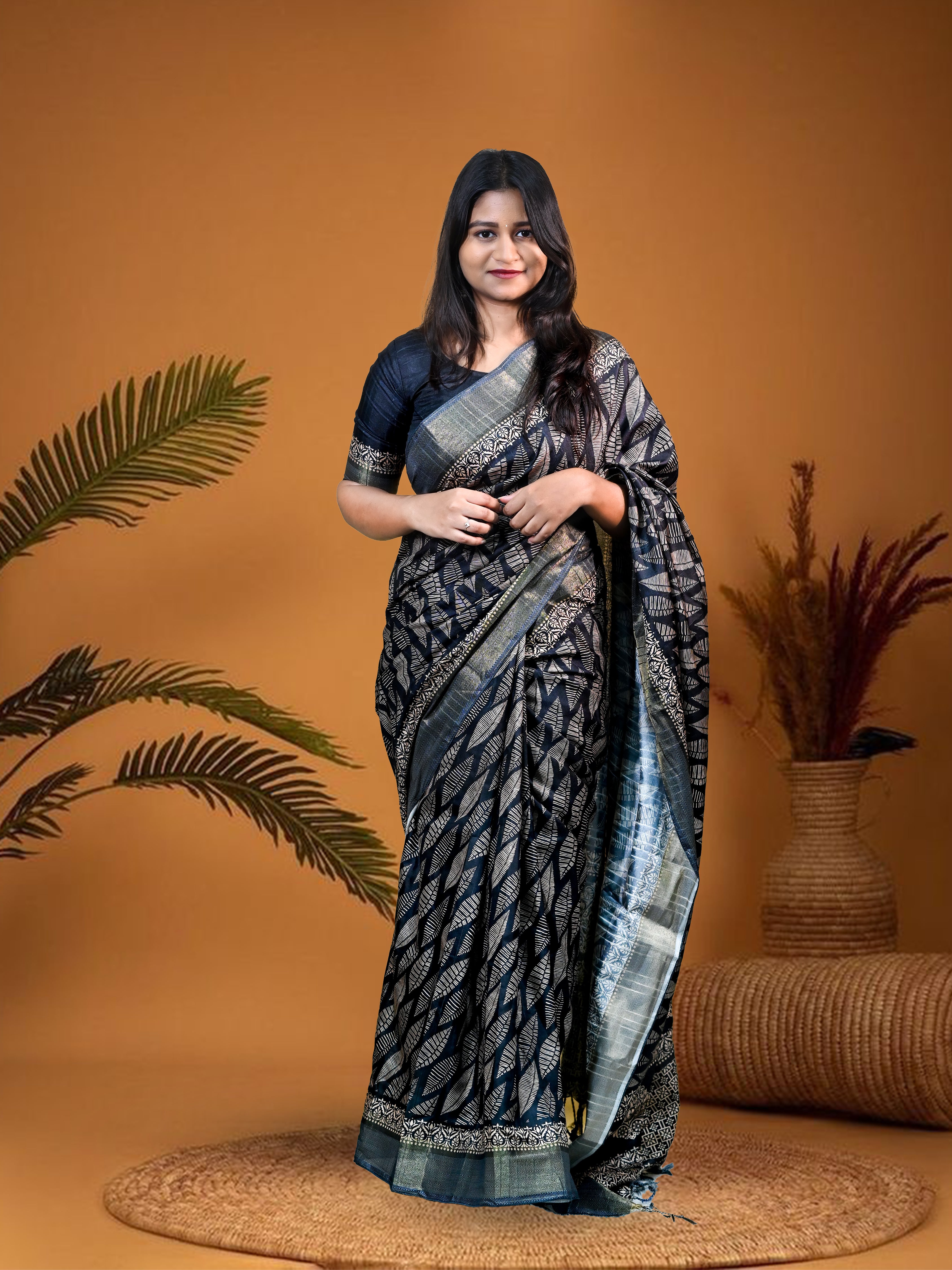 Black Shiny Silk Blend Saree with Free Ear rings & Stiched Blouse