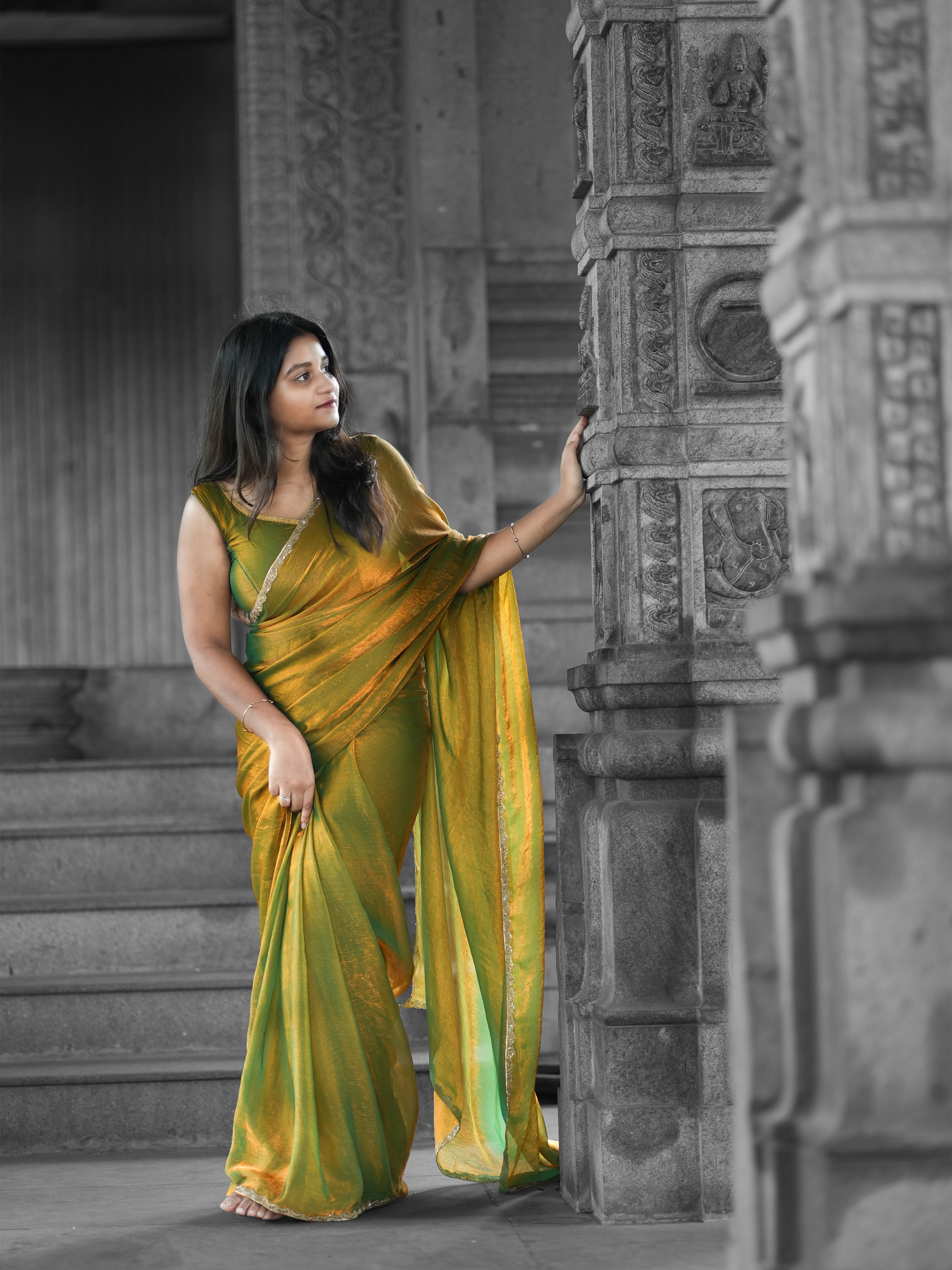 Golden Green Jimmy Chu Saree with Free Earrings & Stitched Blouse