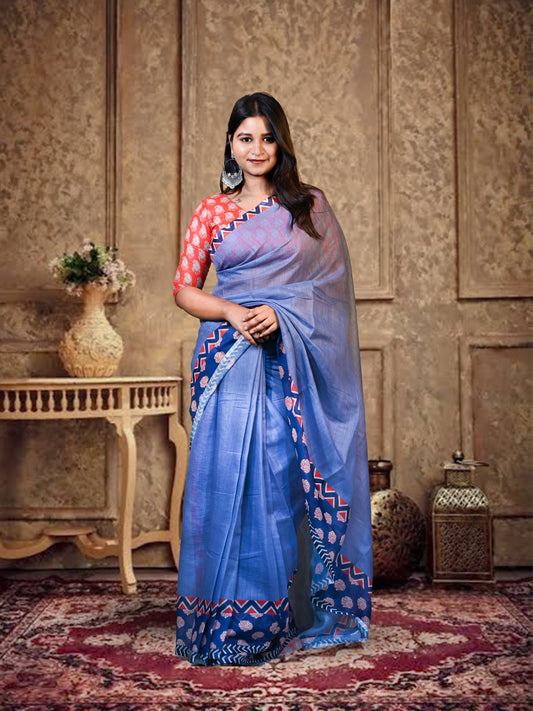 Elegant Blue Cotton Saree with Free Ear rings