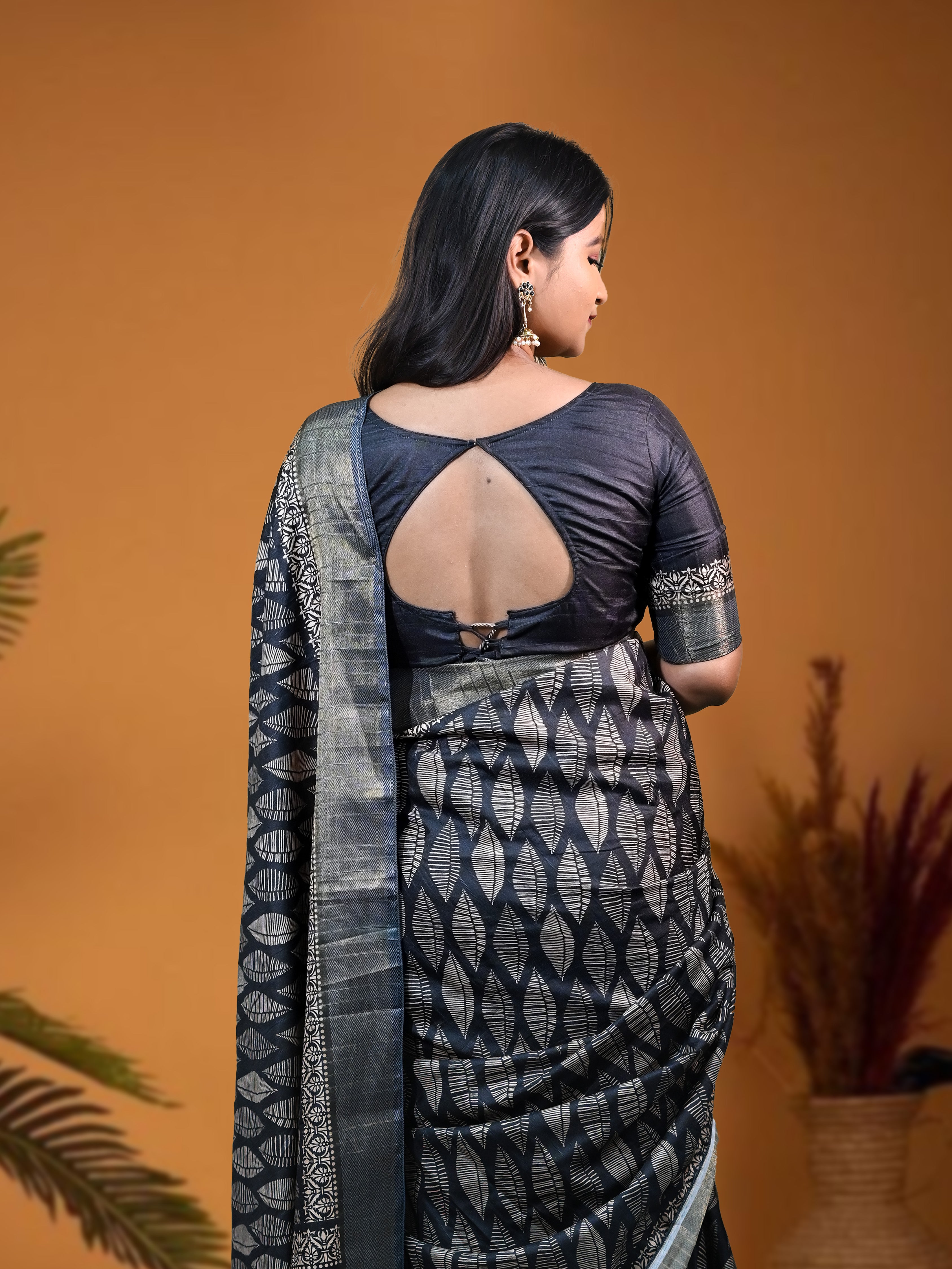 Black Shiny Silk Blend Saree with Free Ear rings & Stiched Blouse