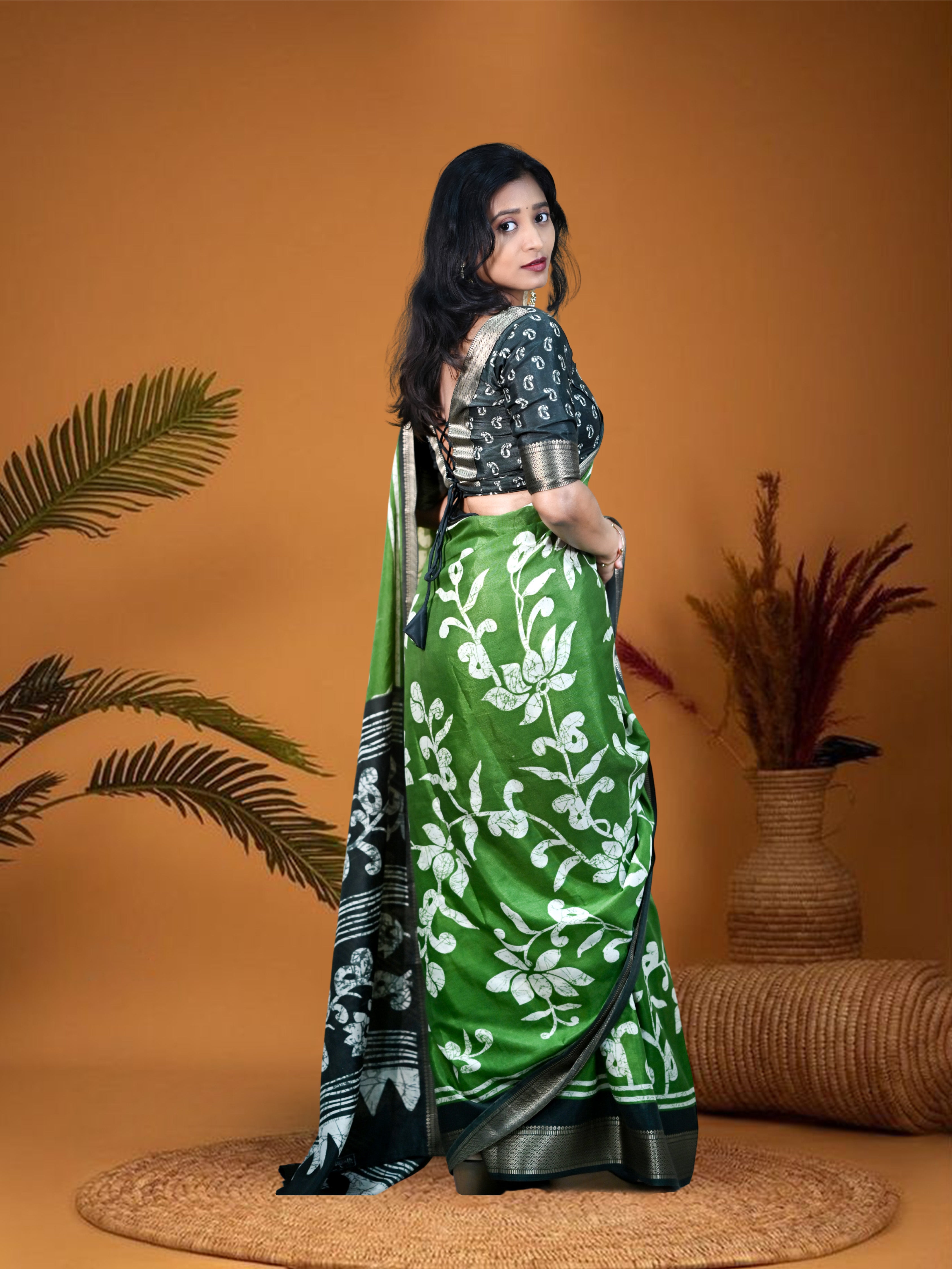 Ash Green Sanskriti Saree with Free Ear rings