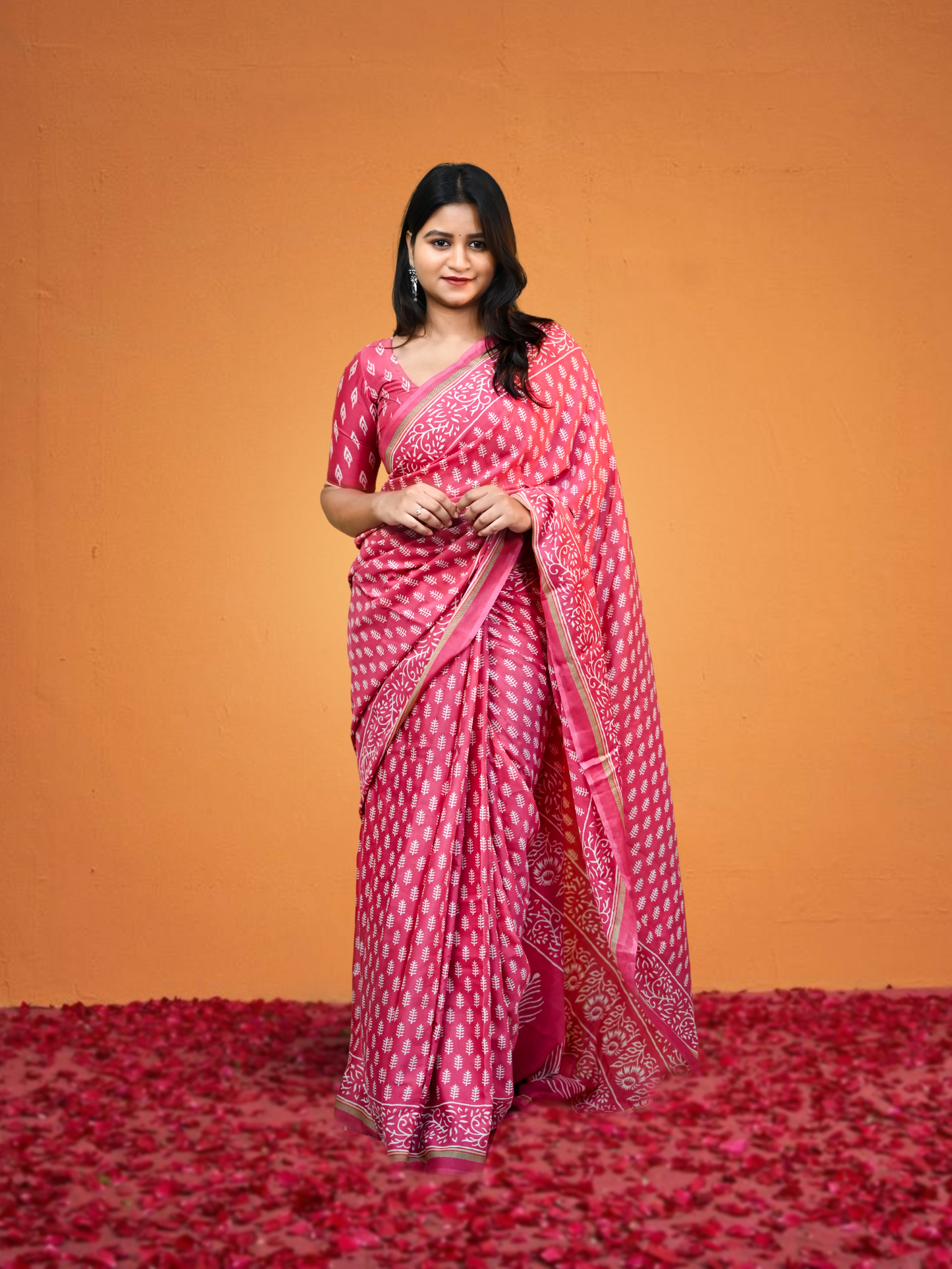 Pink Crepe Saree with Free Earrings & Stiched Blouse