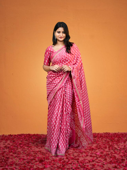 Pink Crepe Saree with Free Earrings & Stiched Blouse