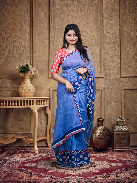Elegant Blue Cotton Saree with Free Ear rings