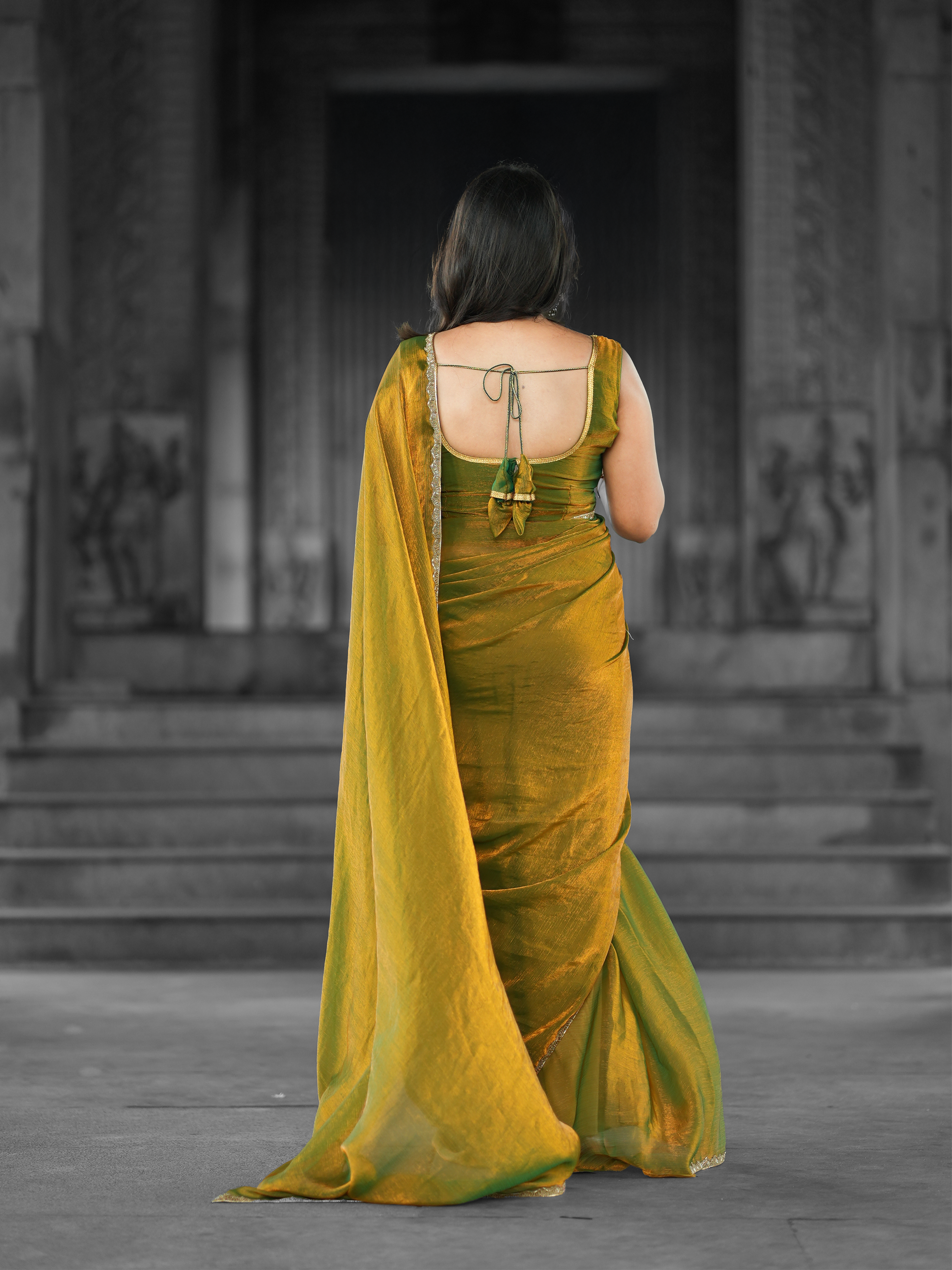 Golden Green Jimmy Chu Saree with Free Earrings & Stitched Blouse