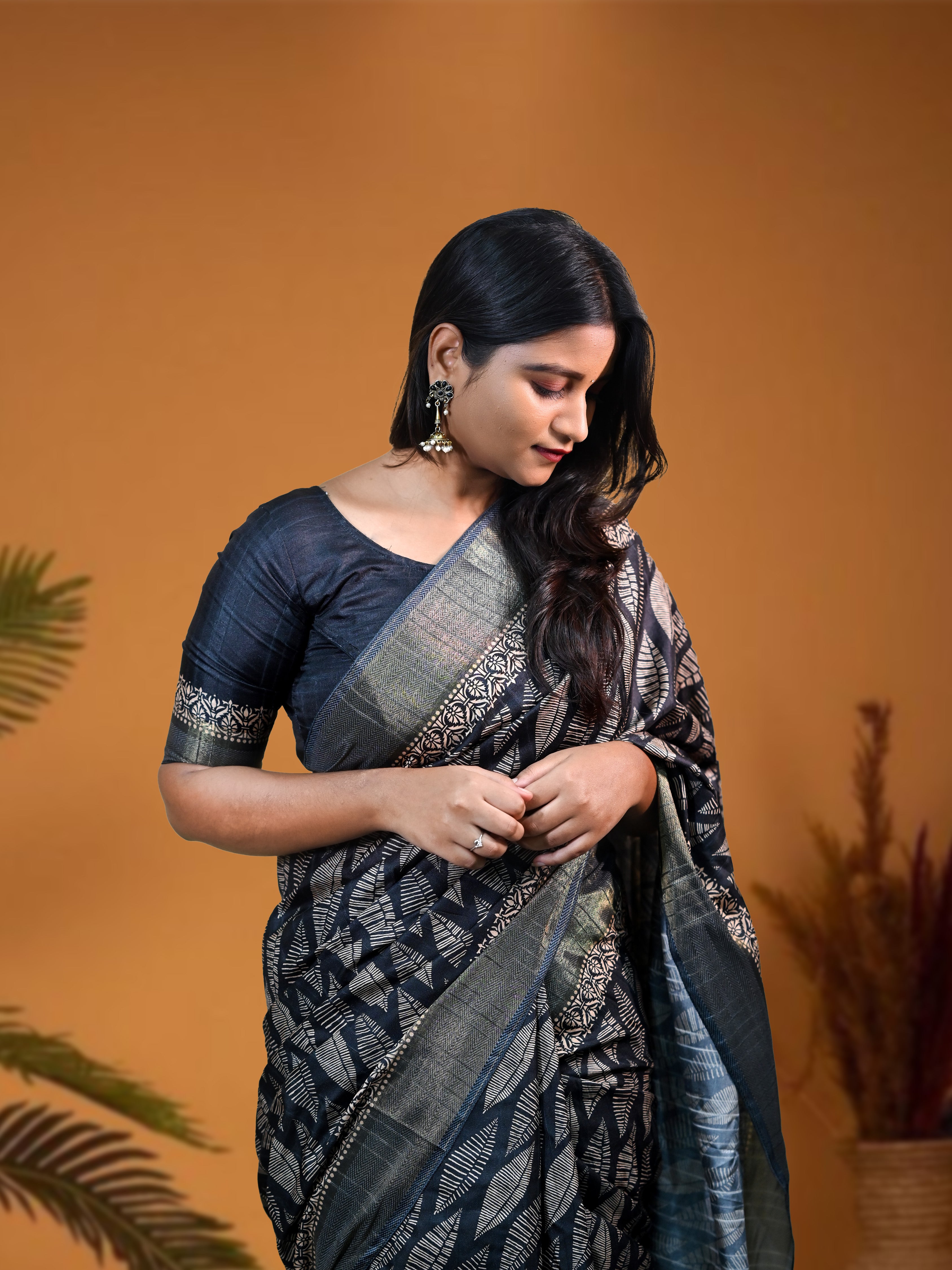 Black Shiny Silk Blend Saree with Free Ear rings & Stiched Blouse