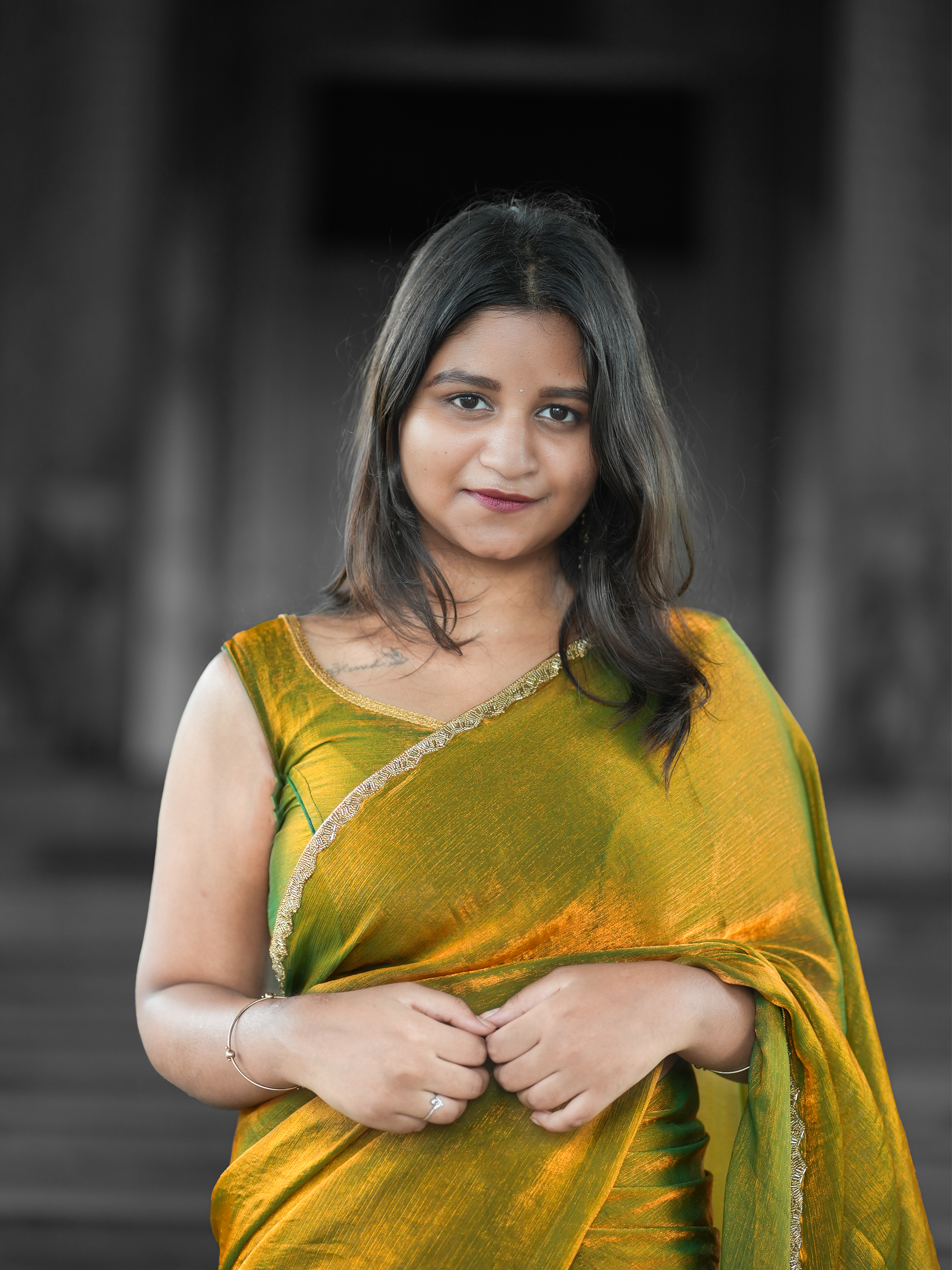 Golden Green Jimmy Chu Saree with Free Earrings & Stitched Blouse