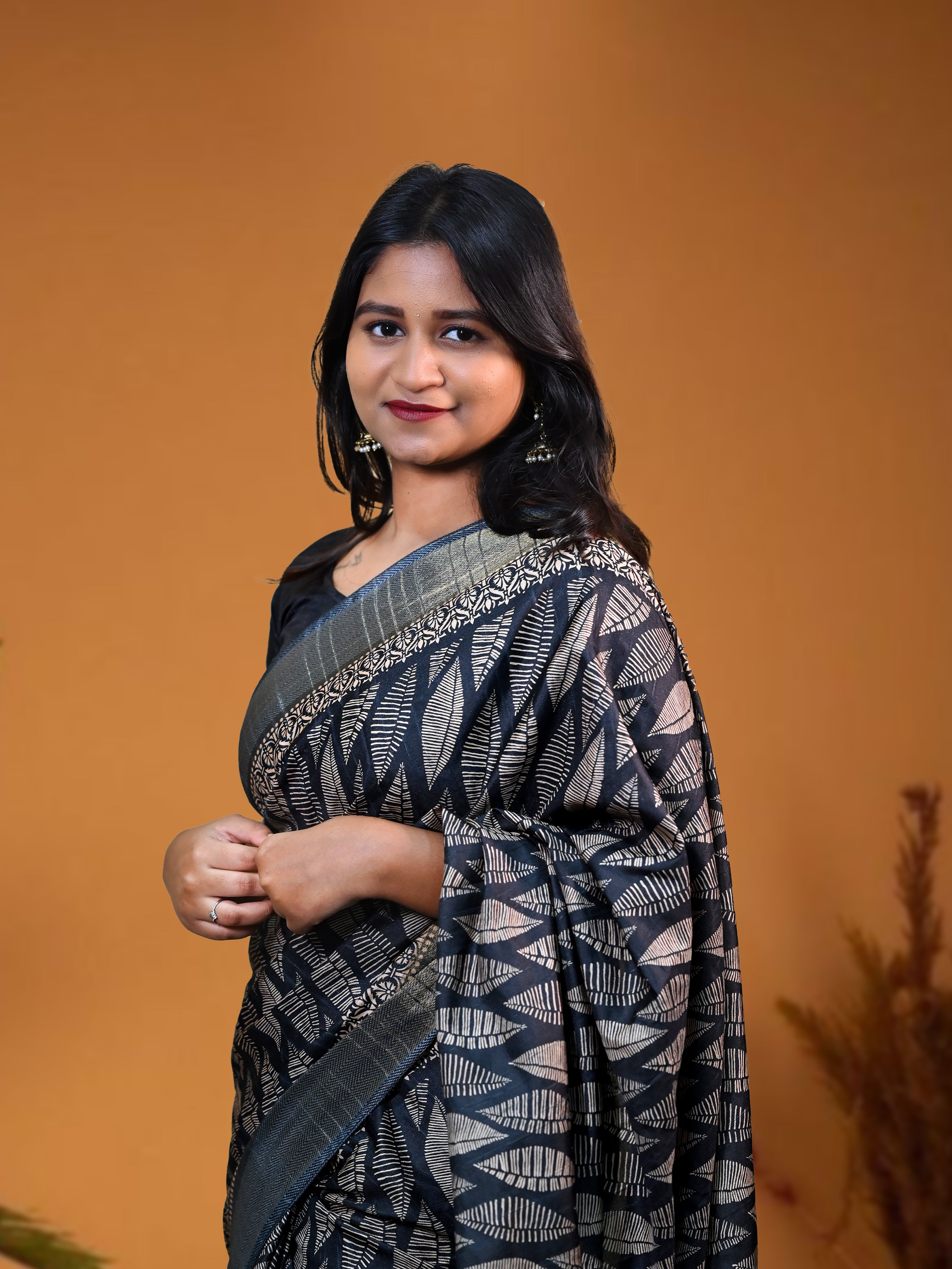 Black Shiny Silk Blend Saree with Free Ear rings & Stiched Blouse