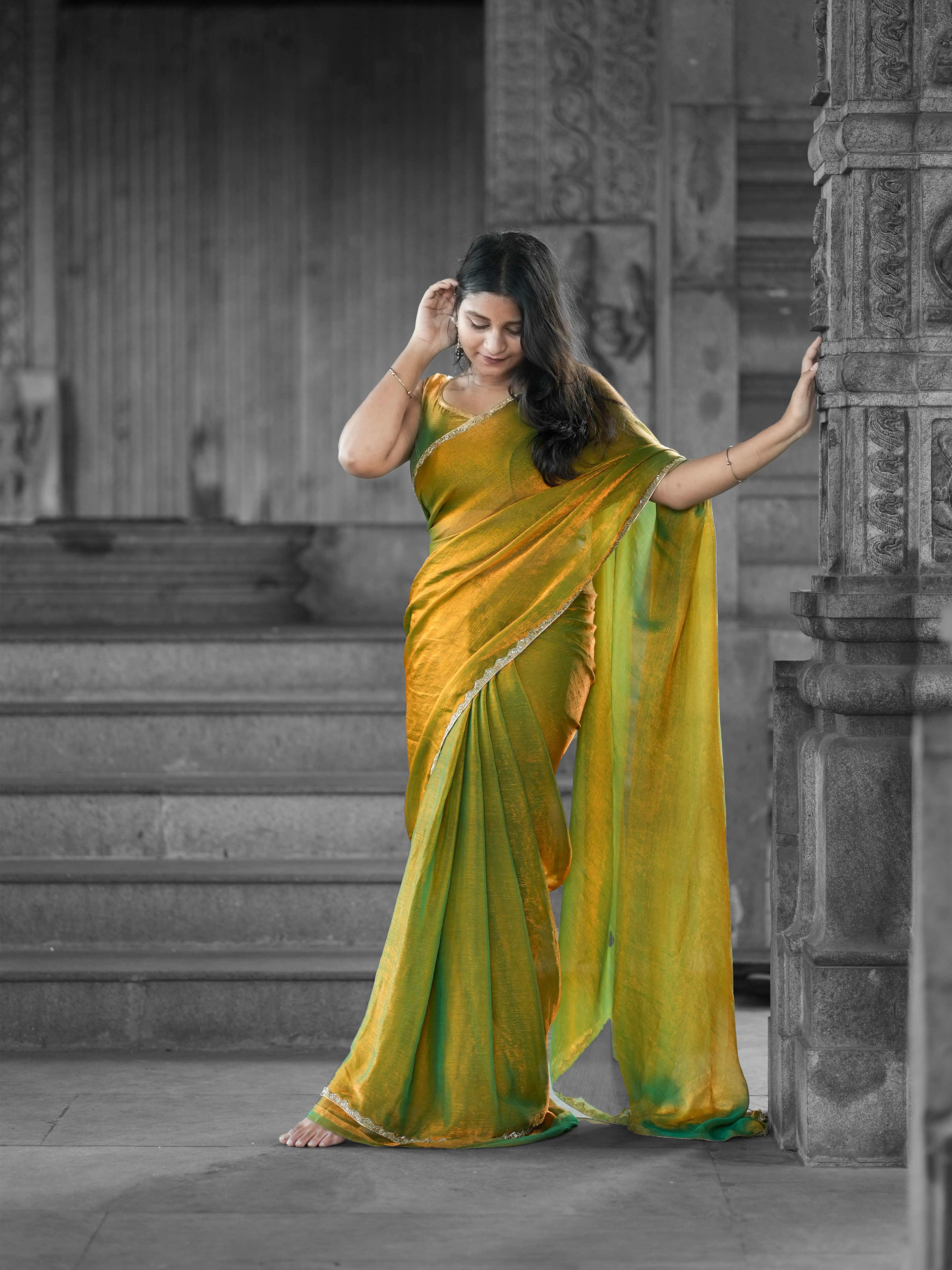 Golden Green Jimmy Chu Saree with Free Earrings & Stitched Blouse