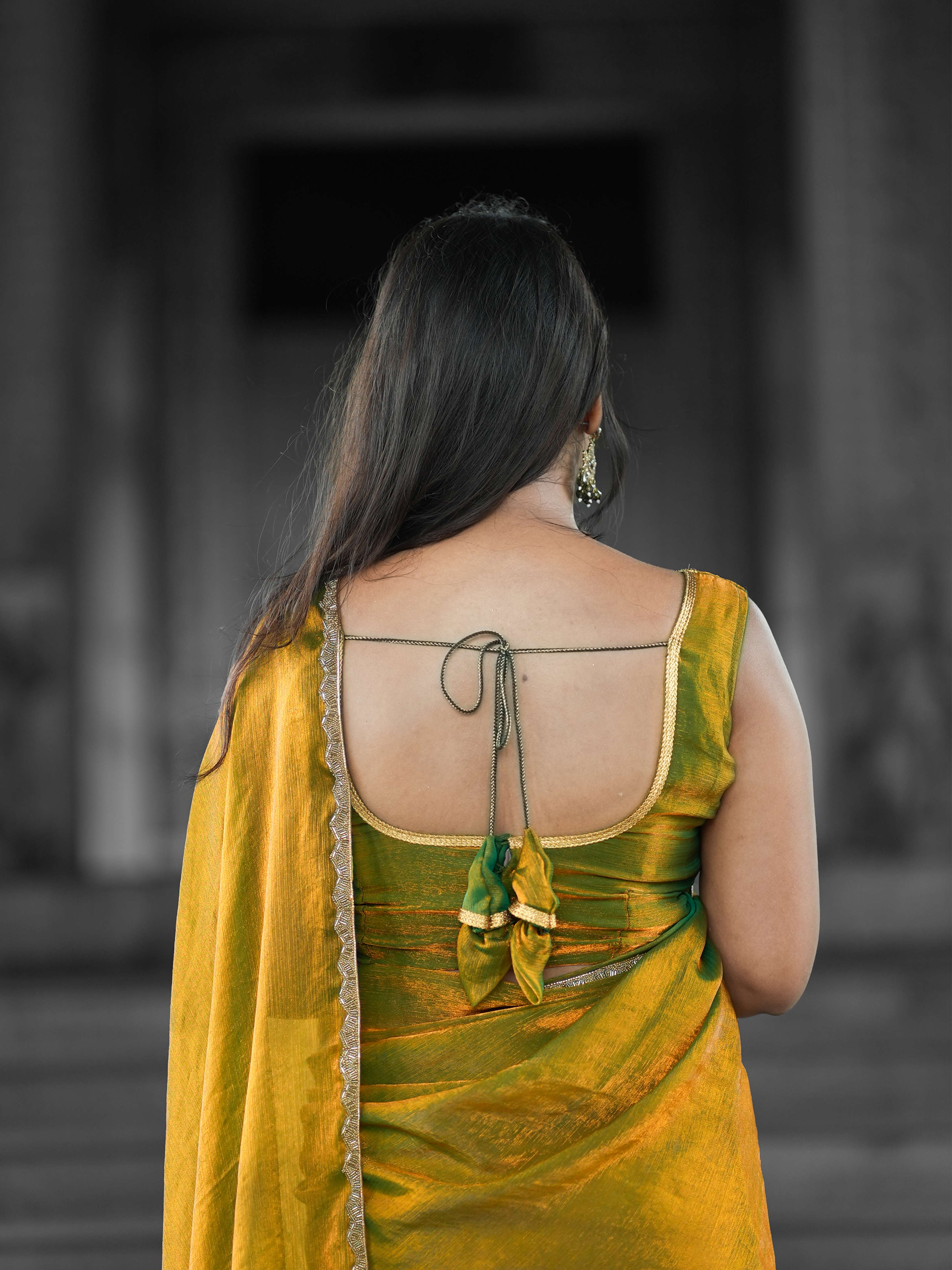 Golden Green Jimmy Chu Saree with Free Earrings & Stitched Blouse