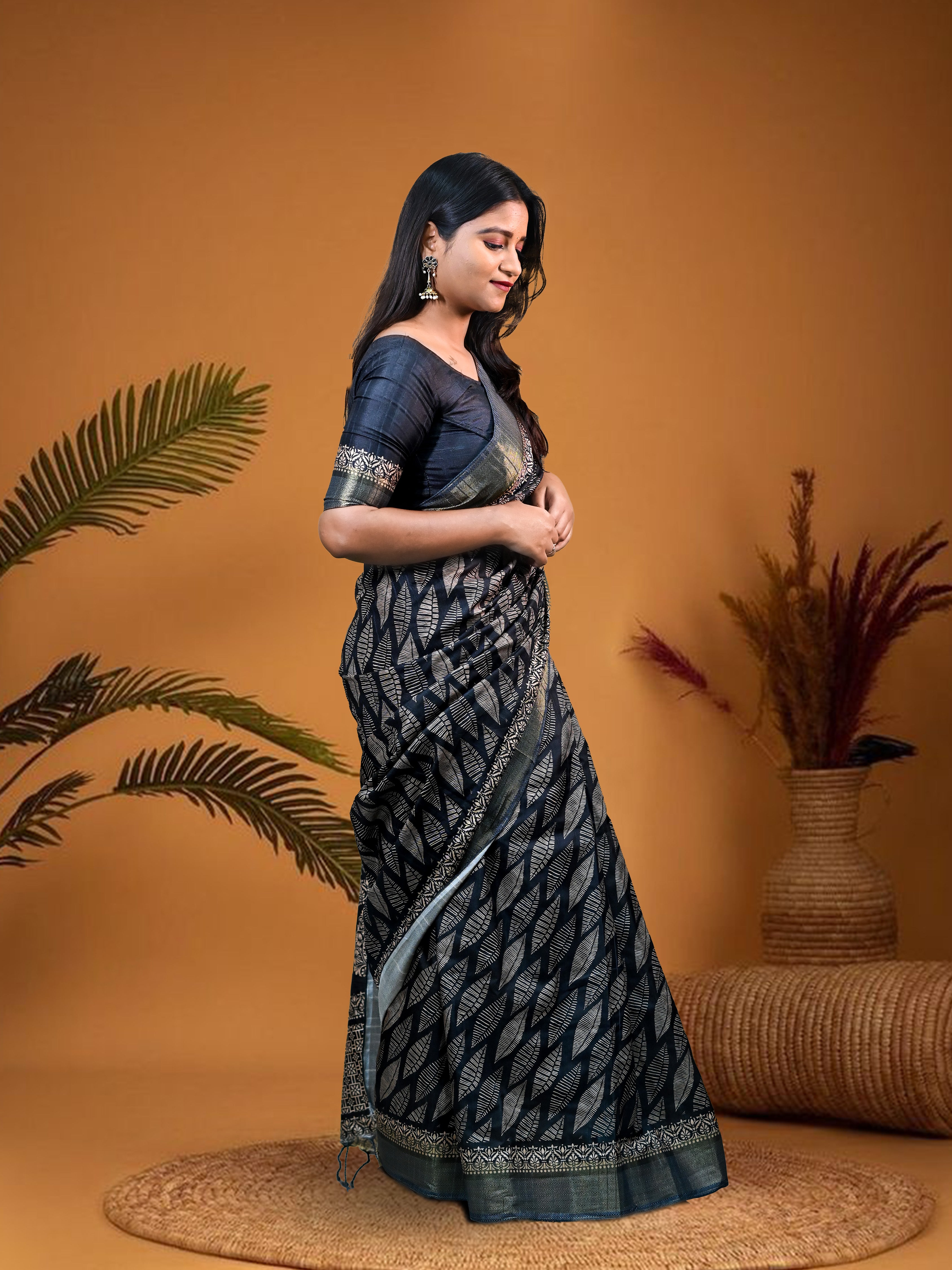 Black Shiny Silk Blend Saree with Free Ear rings & Stiched Blouse
