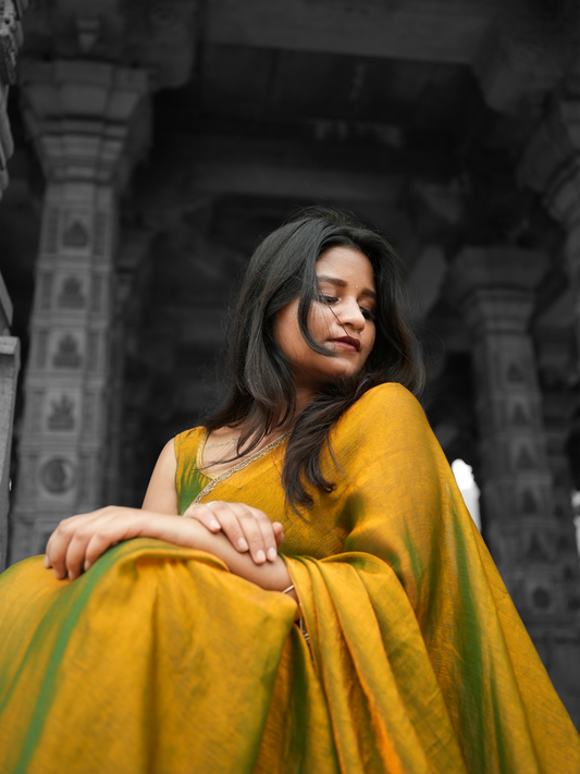 Golden Green Jimmy Chu Saree with Free Earrings & Stitched Blouse