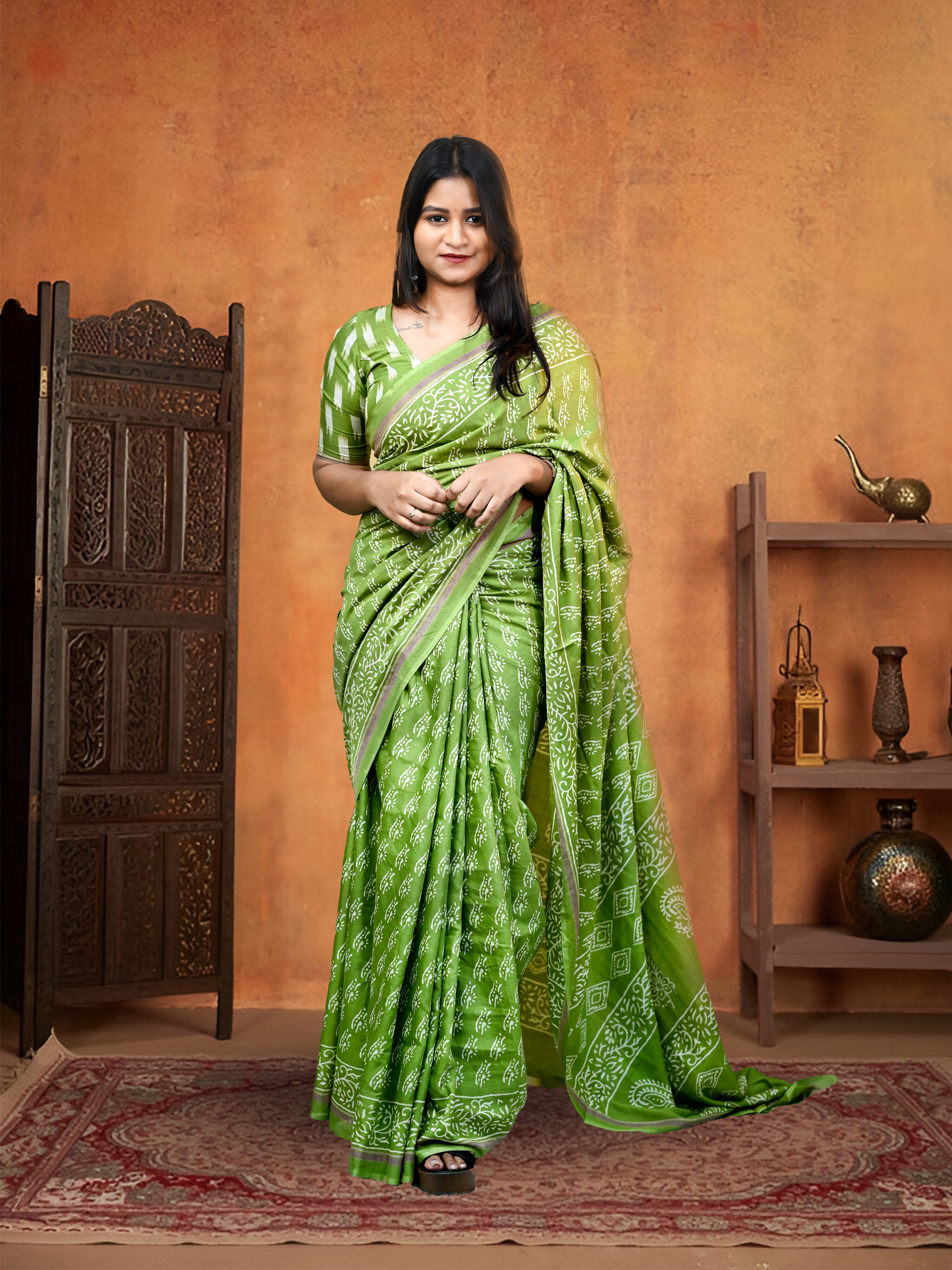 Light Green Crepe Saree with Free Earrings & Stiched Blouse