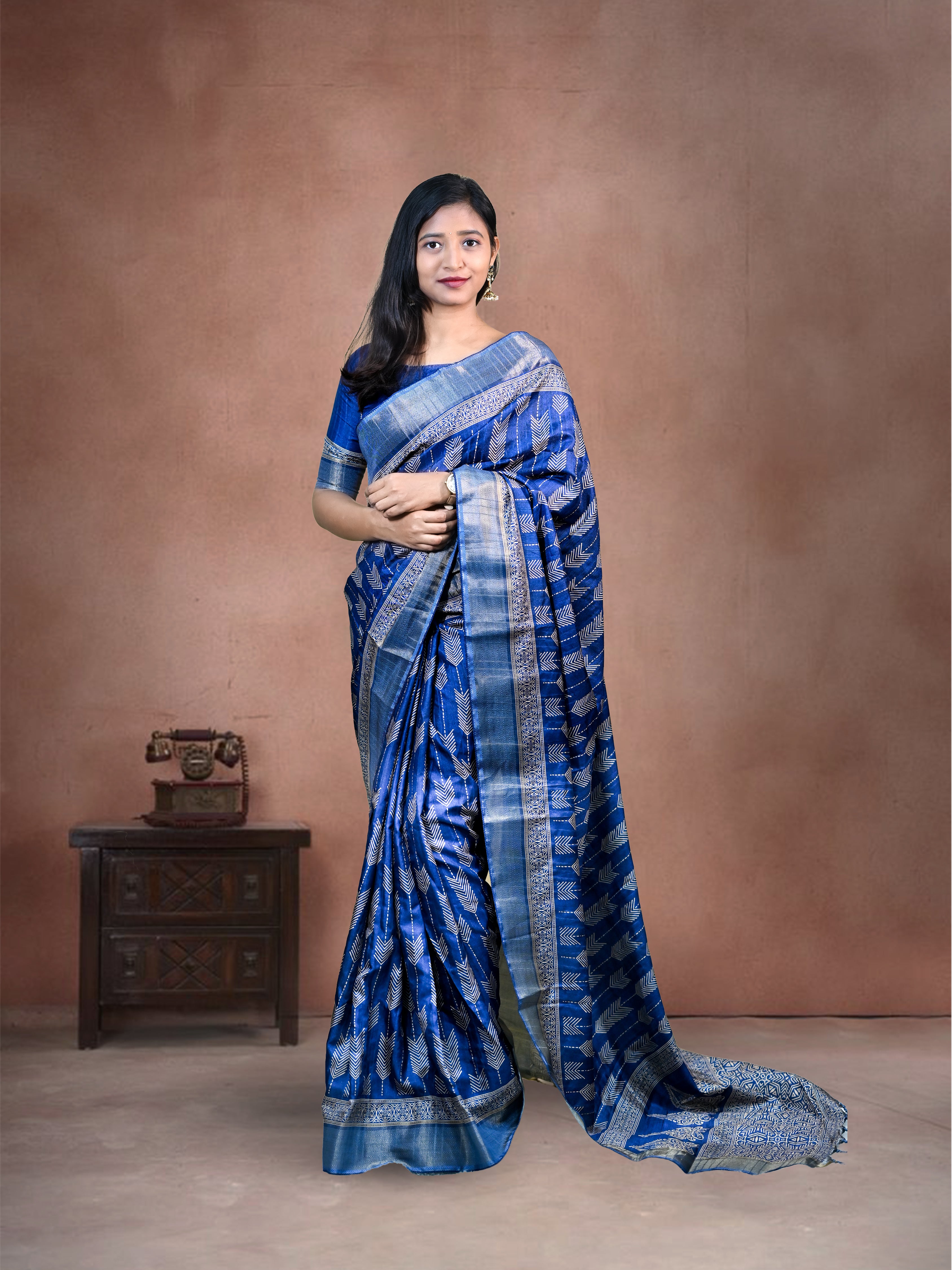 Blue Shiny Silk Blend Saree with Free Ear rings & Stiched Blouse