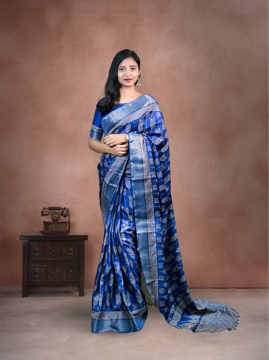 Blue Shiny Silk Blend Saree with Free Ear rings & Stiched Blouse