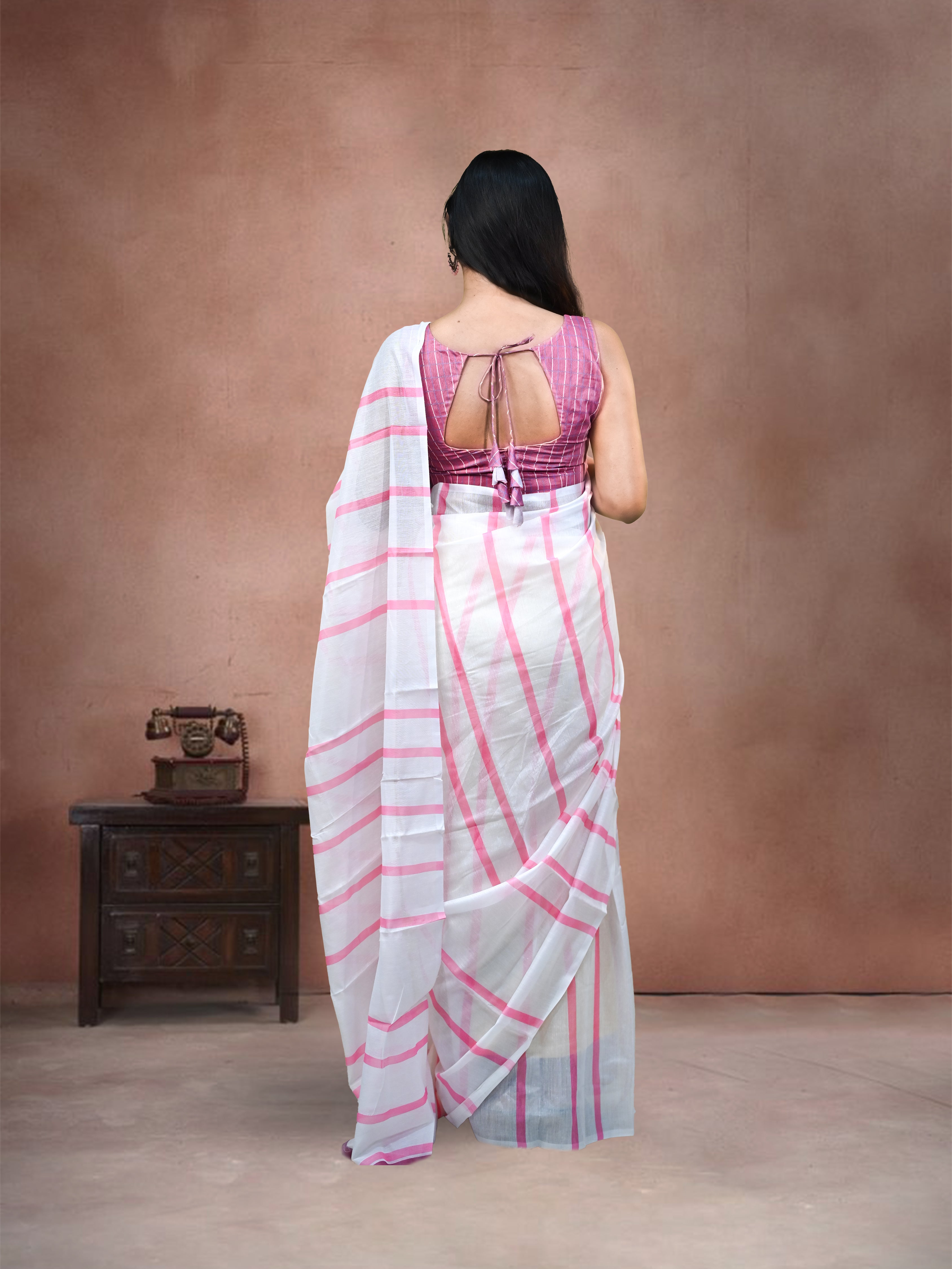 Pink Stripes Cotton Linen Saree With Free Earrings