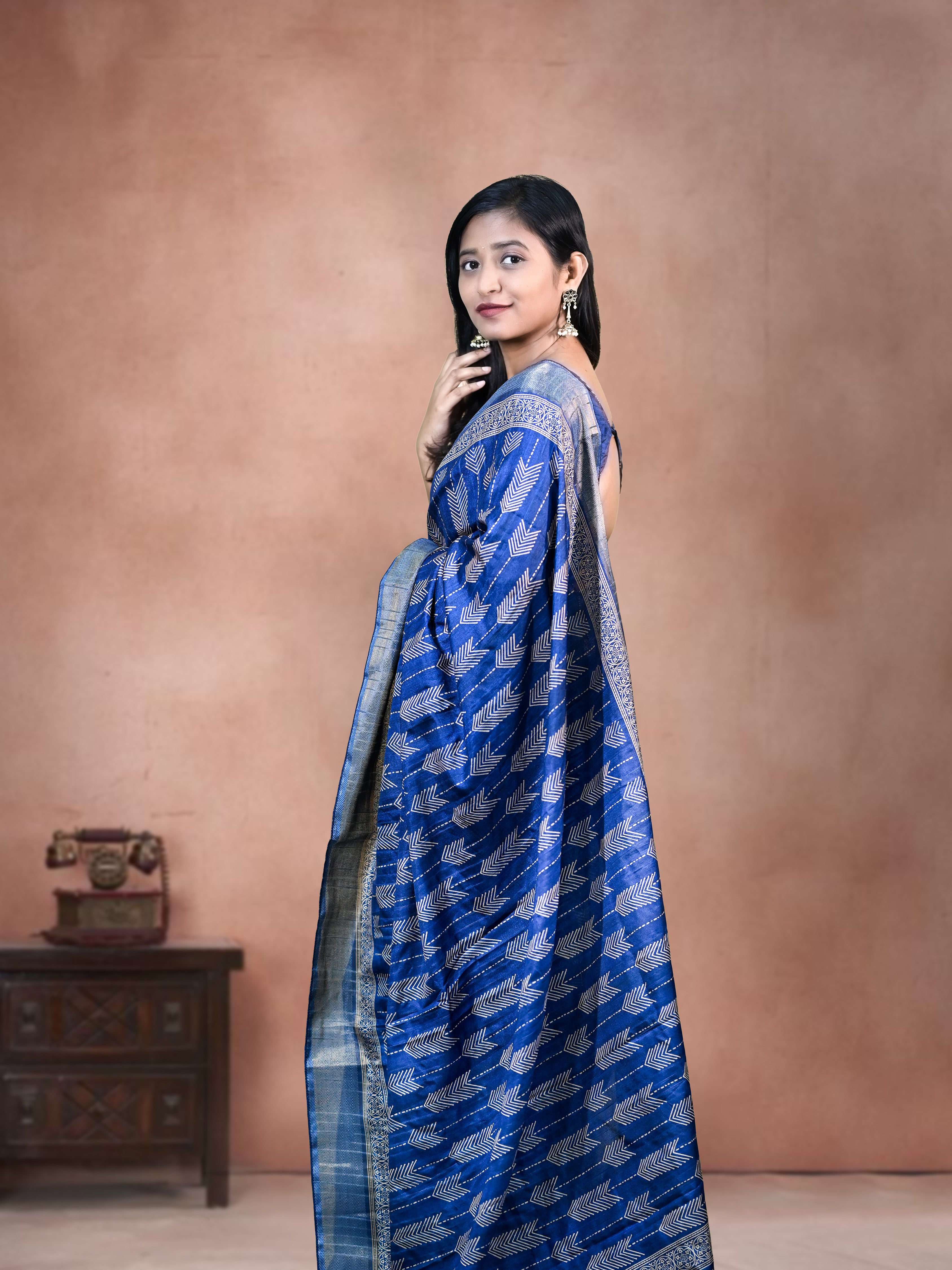 Blue Shiny Silk Blend Saree with Free Ear rings & Stiched Blouse