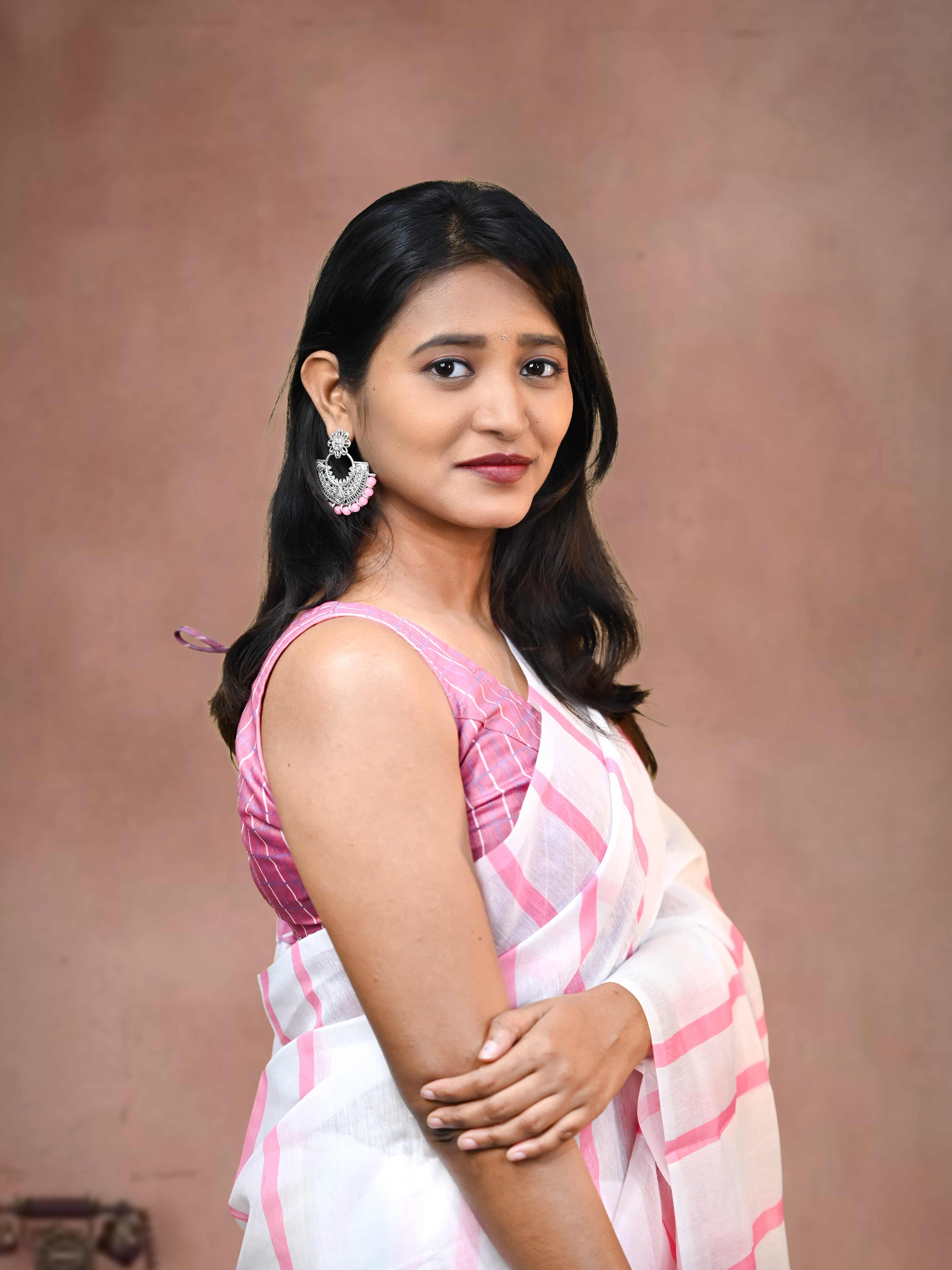 Pink Stripes Cotton Linen Saree With Free Earrings