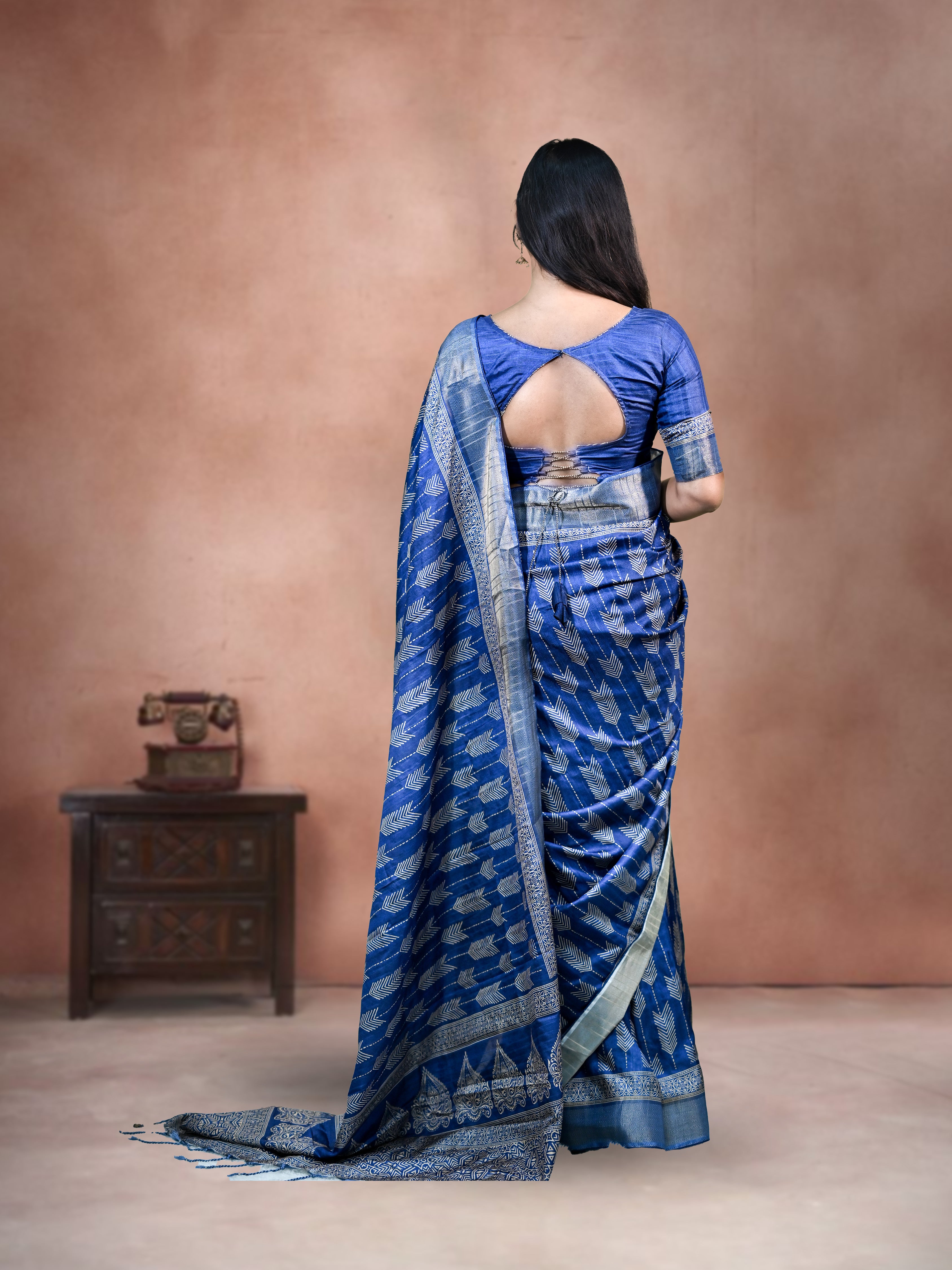 Blue Shiny Silk Blend Saree with Free Ear rings & Stiched Blouse