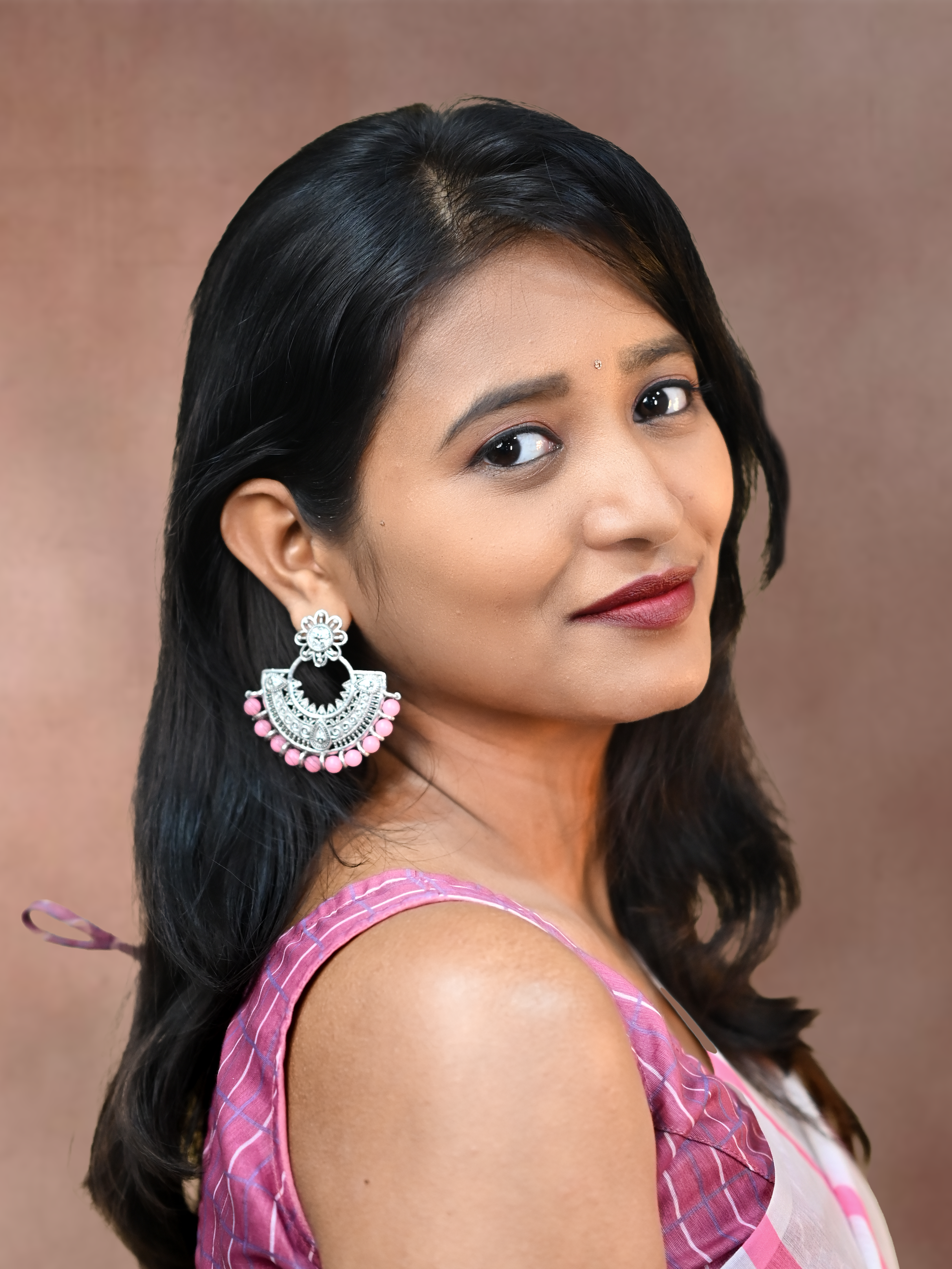Pink Stripes Cotton Linen Saree With Free Earrings