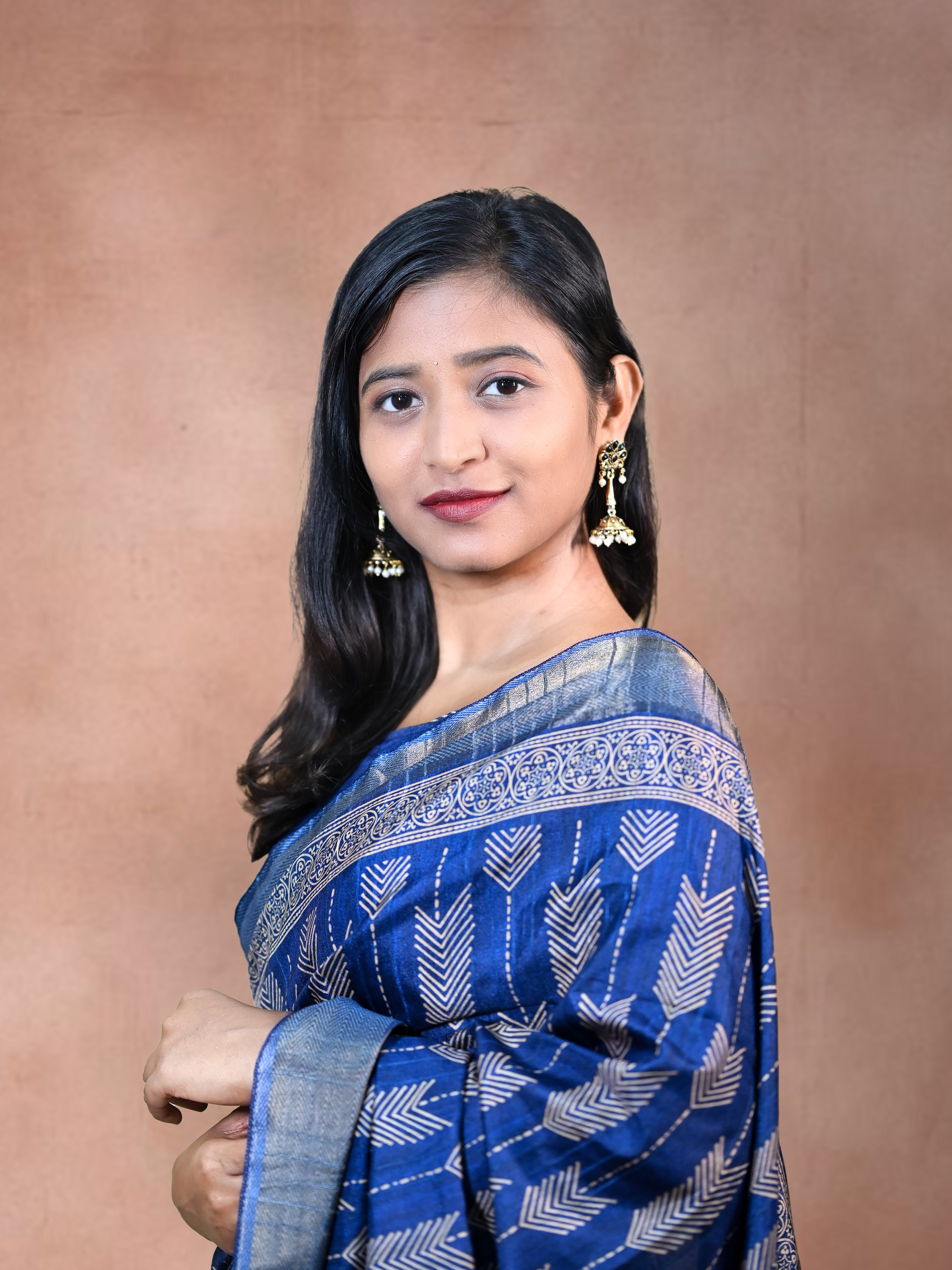 Blue Shiny Silk Blend Saree with Free Ear rings & Stiched Blouse