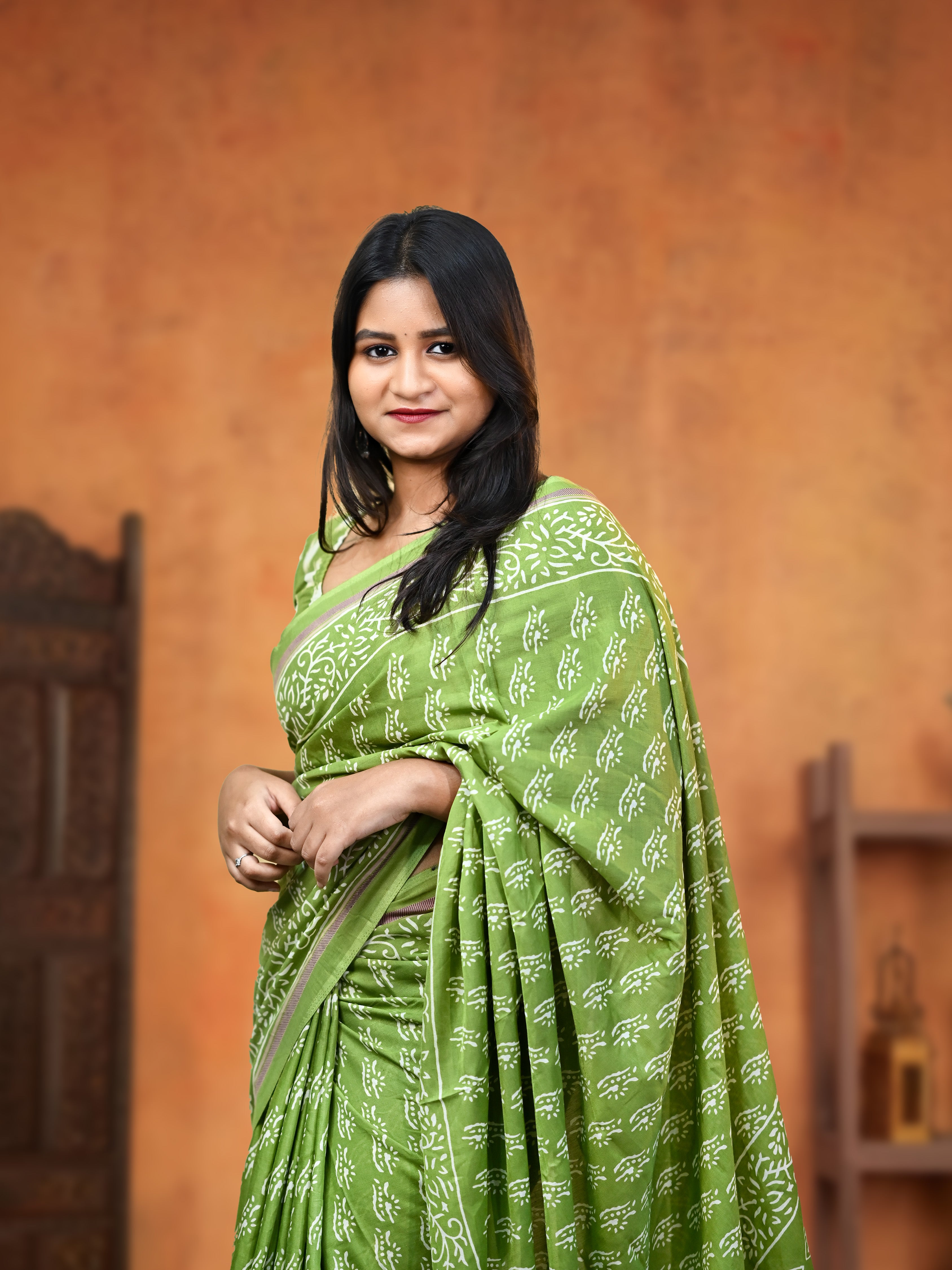 Light Green Crepe Saree with Free Earrings & Stiched Blouse