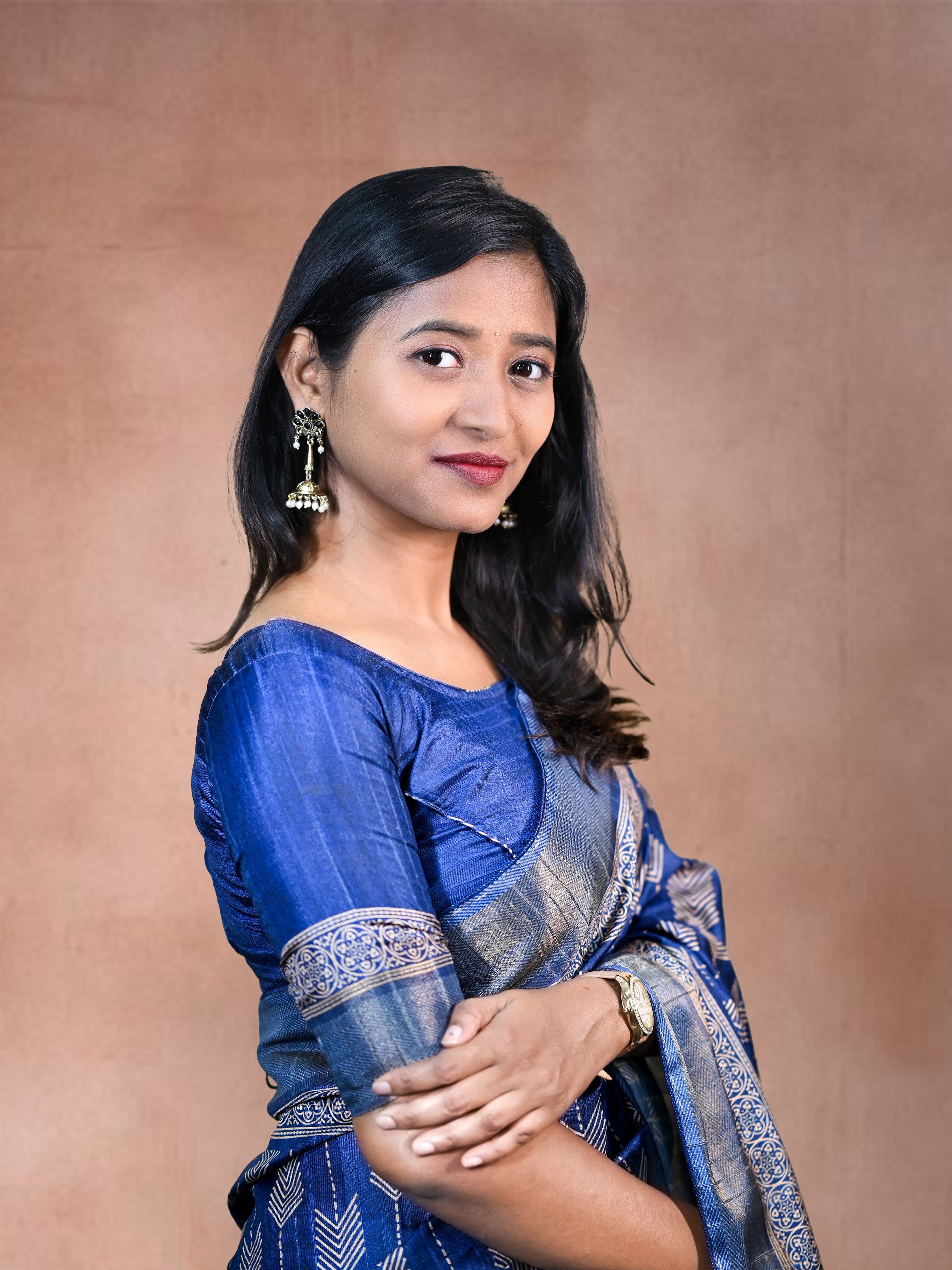 Blue Shiny Silk Blend Saree with Free Ear rings & Stiched Blouse