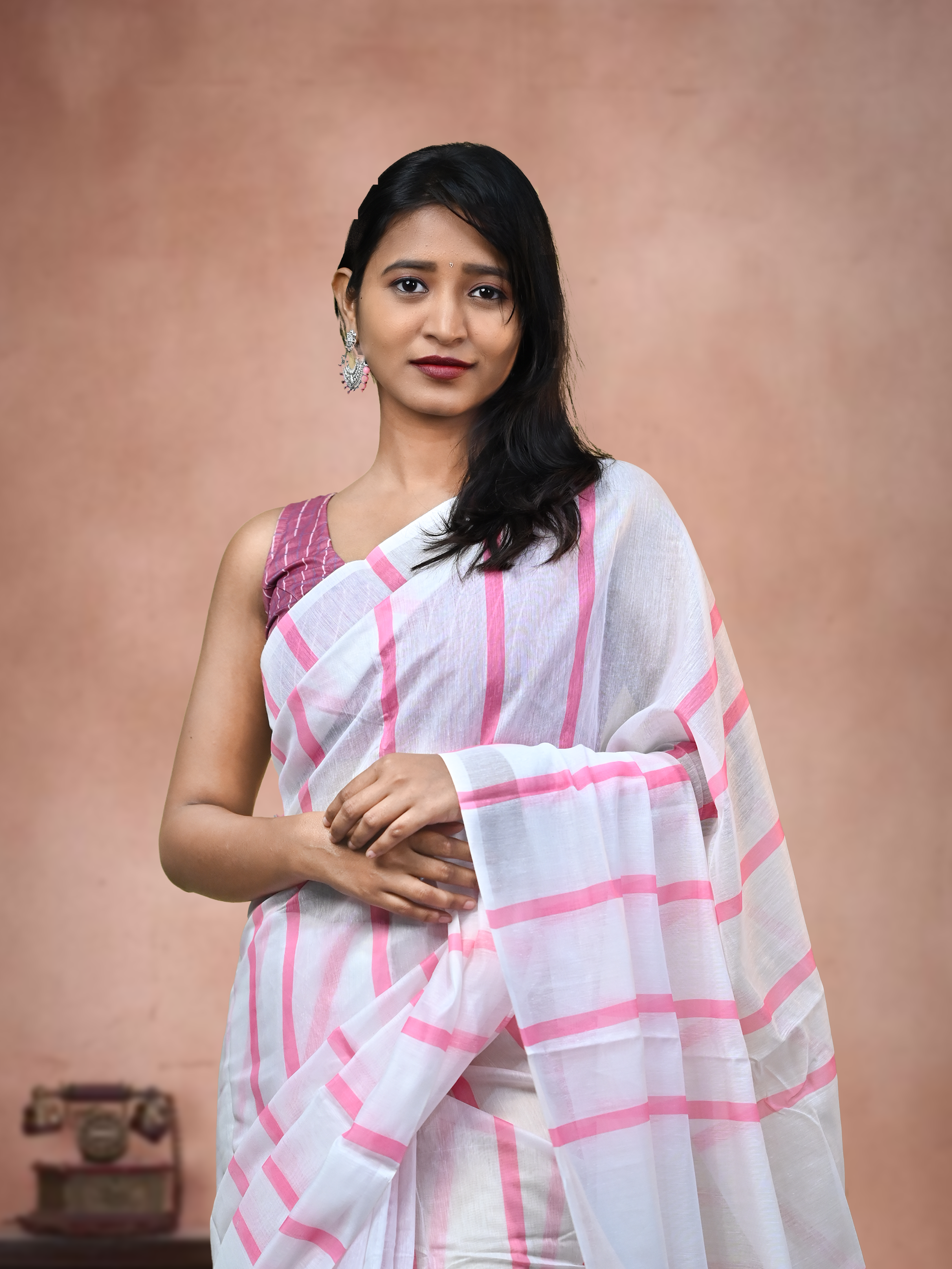 Pink Stripes Cotton Linen Saree With Free Earrings