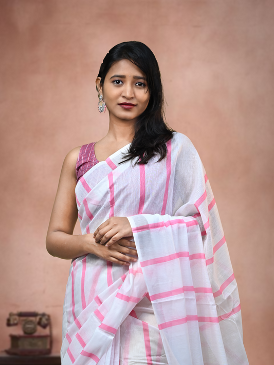 Pink Stripes Cotton Linen Saree With Free Earrings