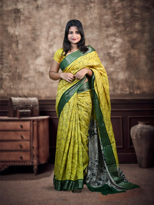 Lush Yellow Kolkata Silk Saree with Stiched Blouse