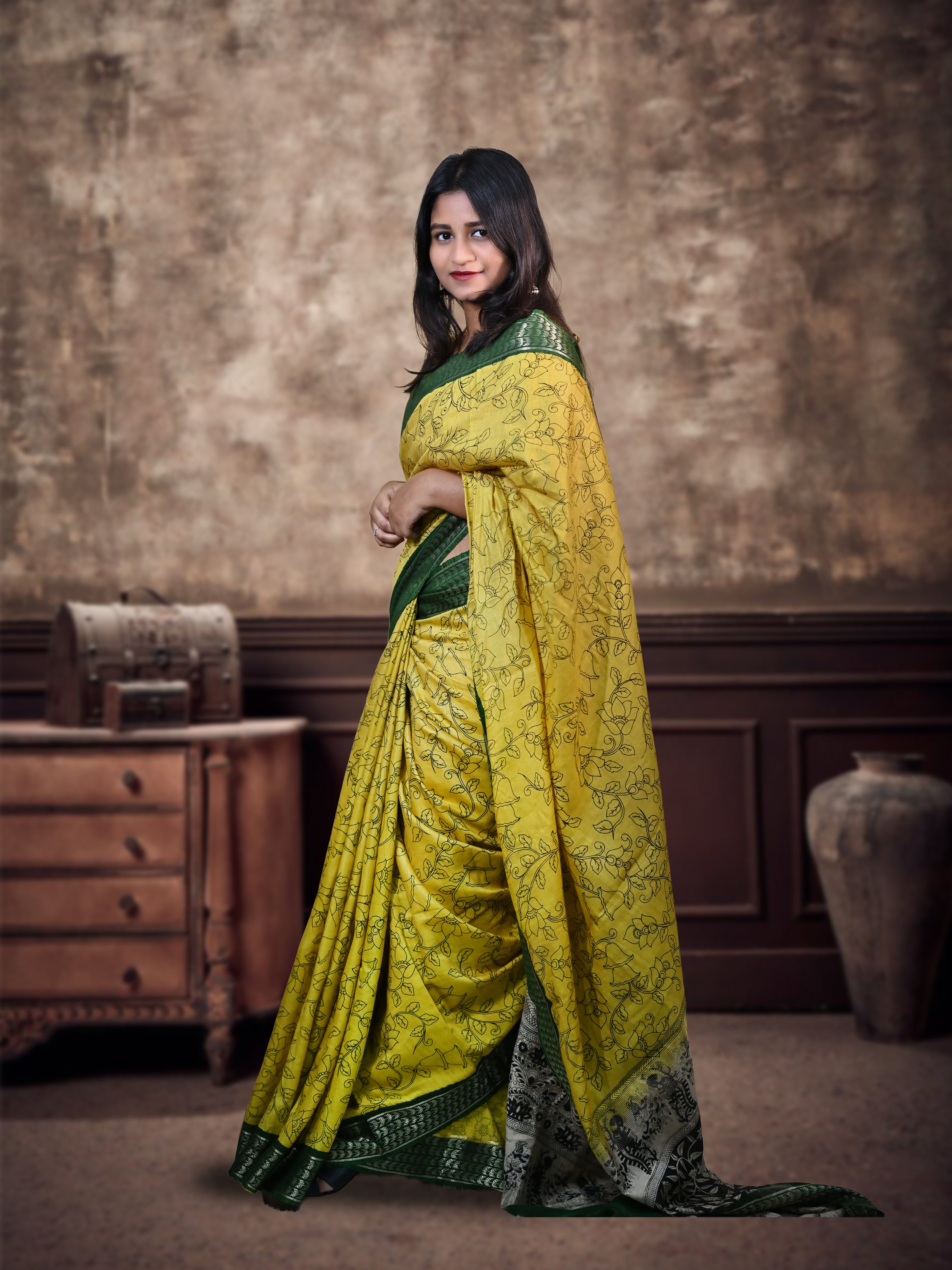 Lush Yellow Kolkata Silk Saree with Stiched Blouse