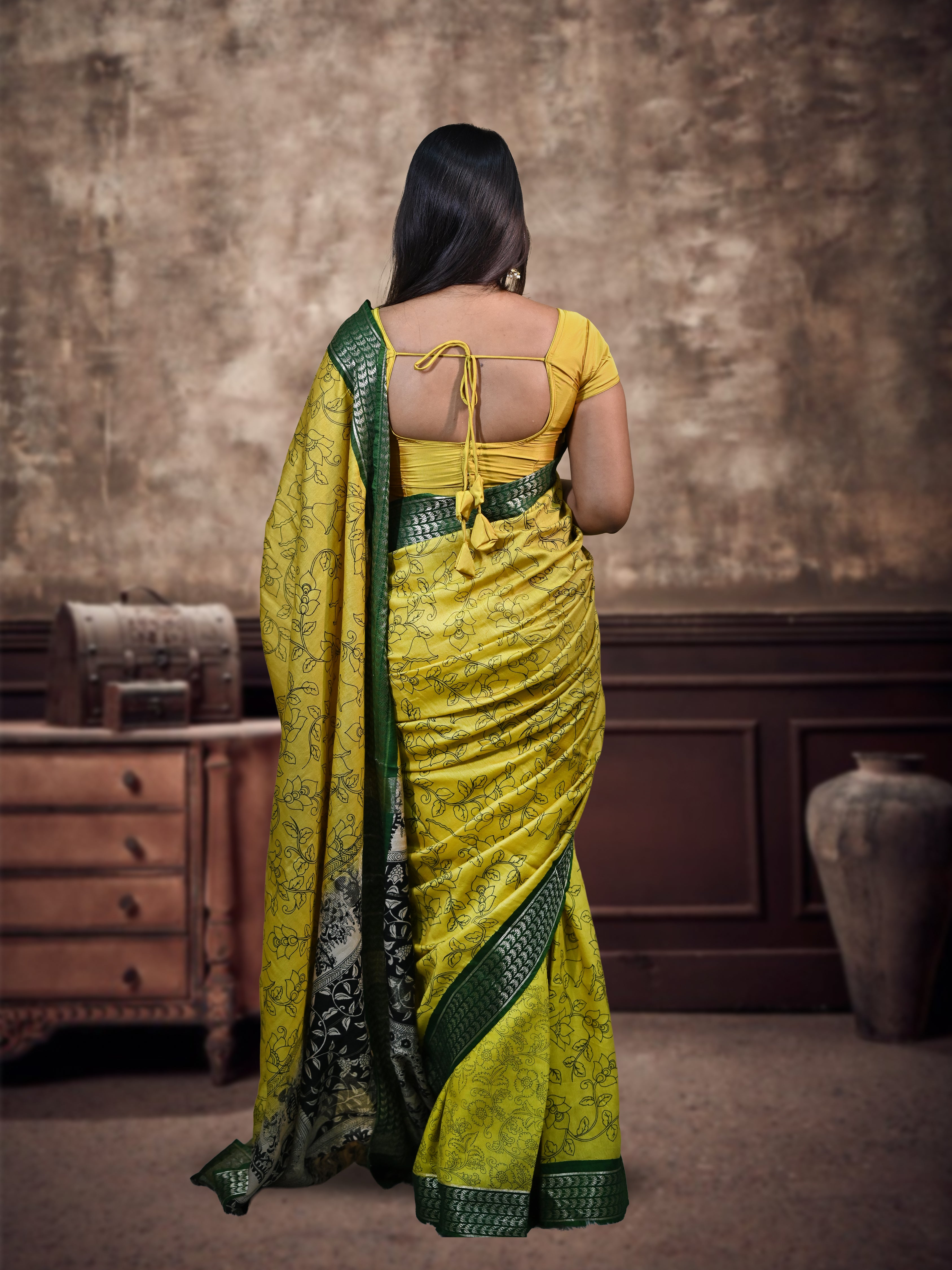 Lush Yellow Kolkata Silk Saree with Stiched Blouse